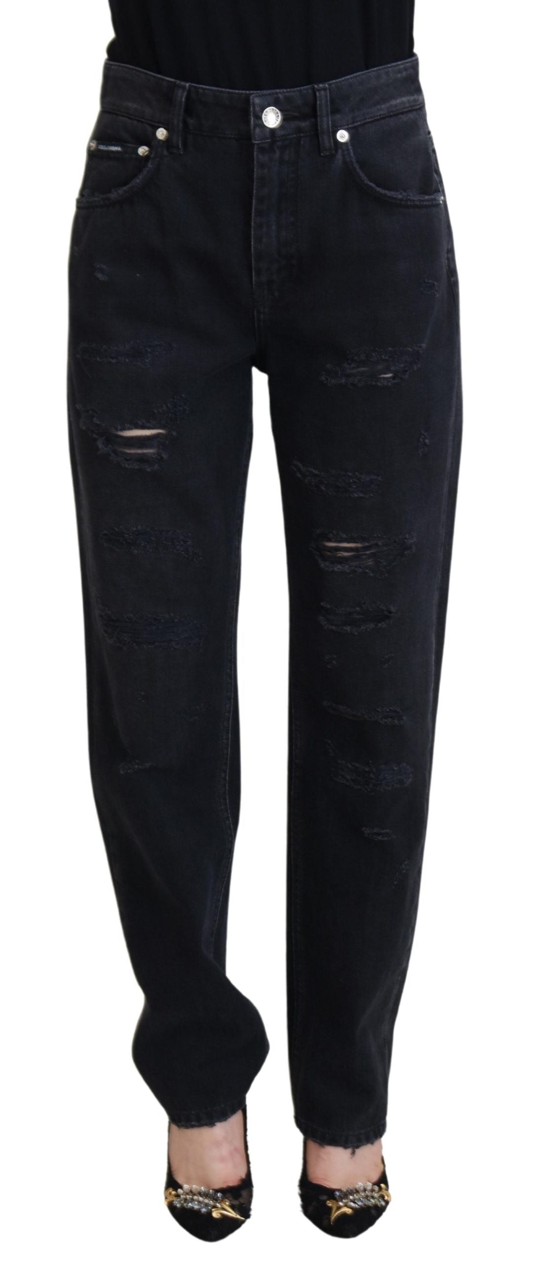 Dolce & Gabbana Black Cotton Tattered High Waist Denim Jeans | Regal Royce
