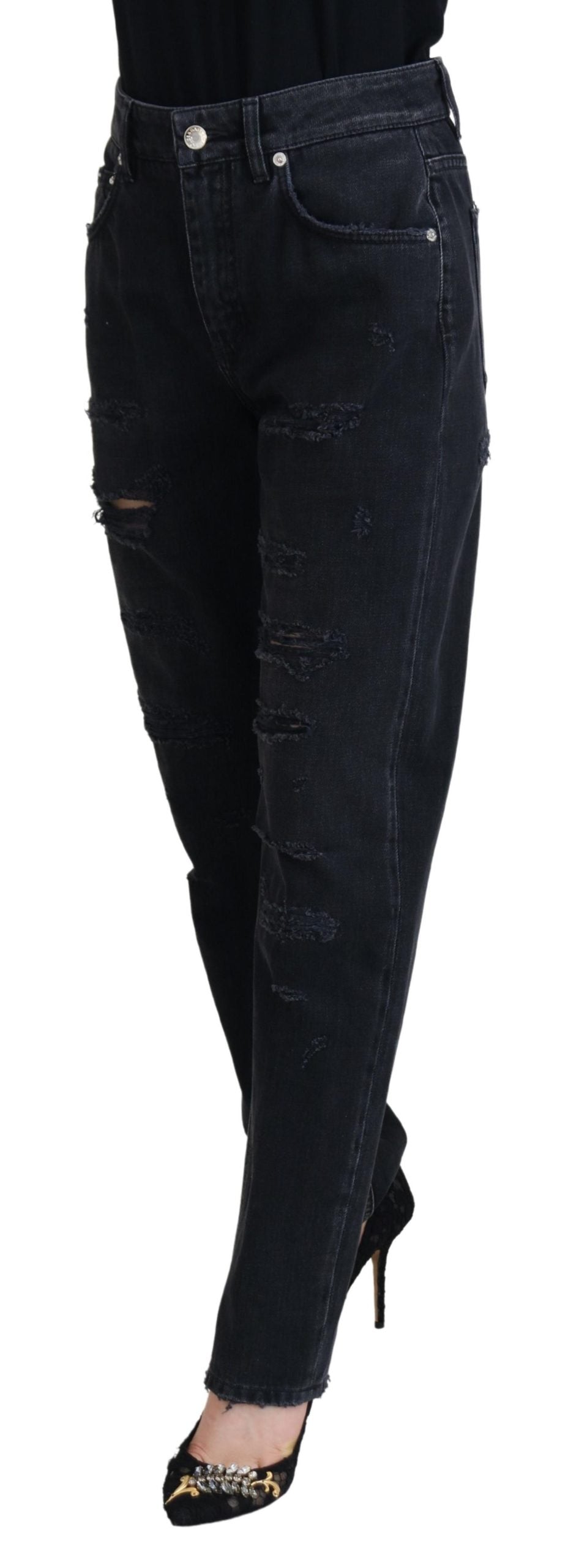 Dolce & Gabbana Black Cotton Tattered High Waist Denim Jeans | Regal Royce