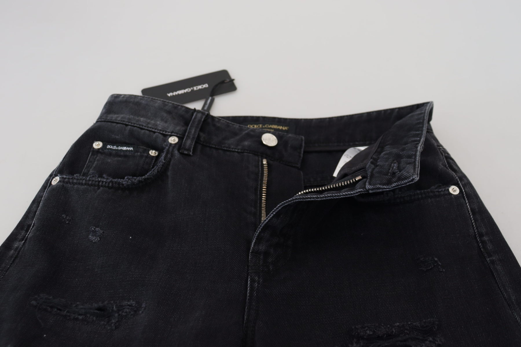 Dolce & Gabbana Black Cotton Tattered High Waist Denim Jeans | Regal Royce