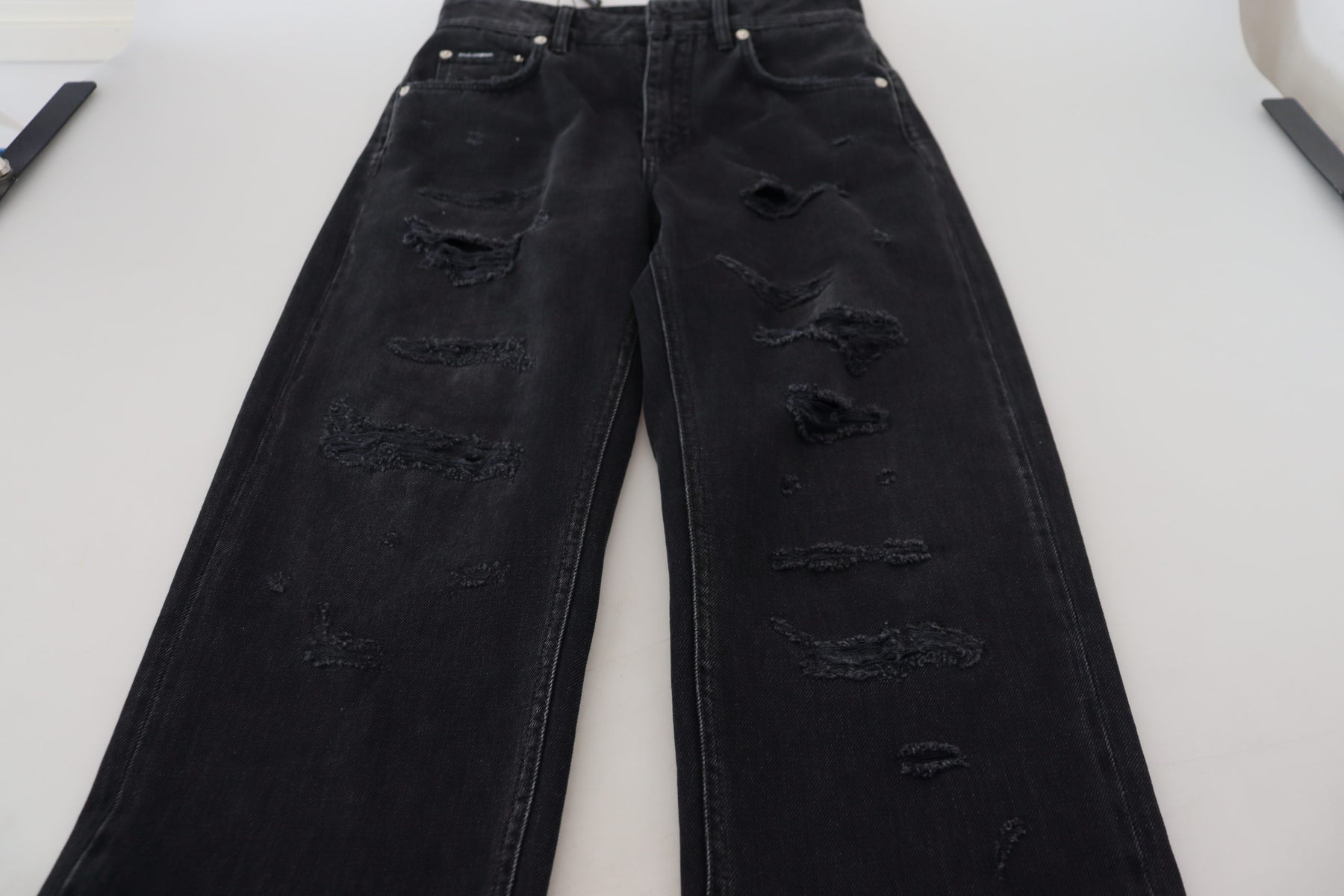 Dolce & Gabbana Black Cotton Tattered High Waist Denim Jeans | Regal Royce