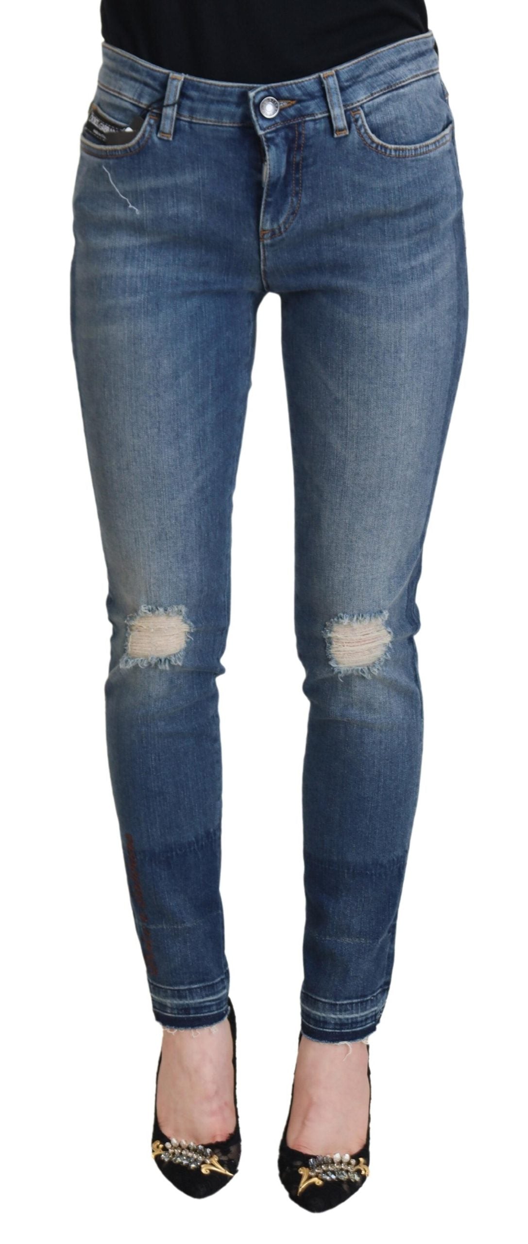 Dolce & Gabbana Blue Washed Cotton Tattered Denim Jeans | Regal Royce