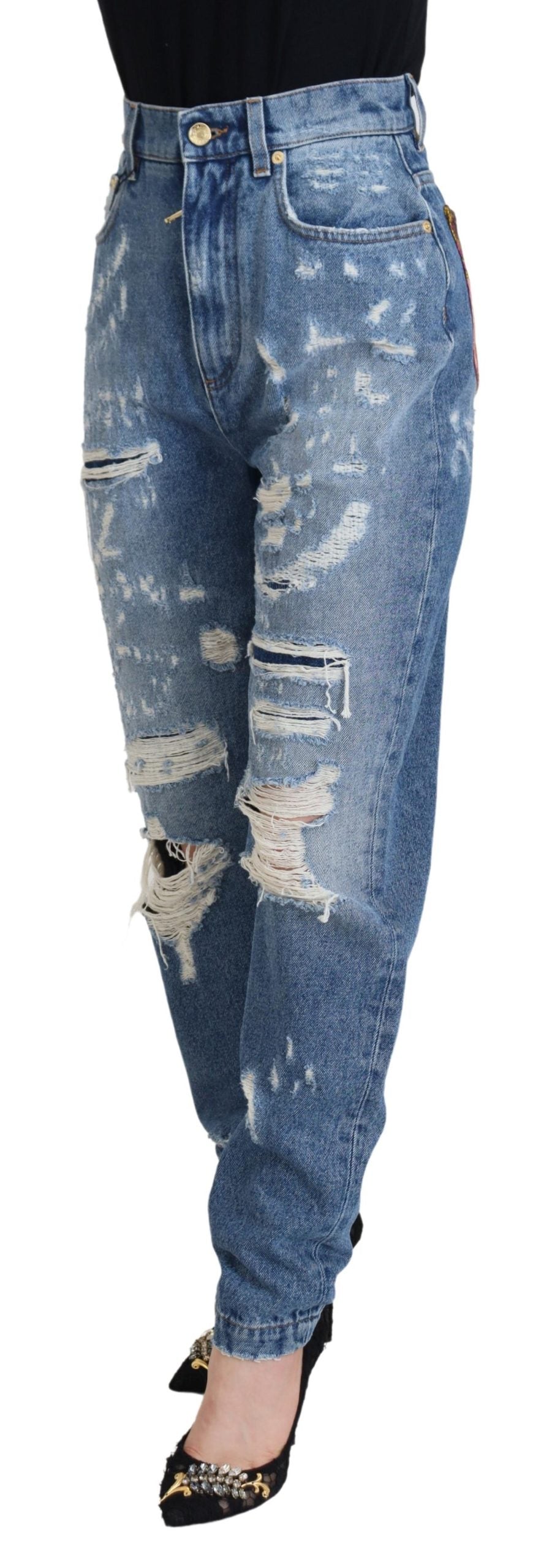 Dolce & Gabbana Blue Washed Cotton Tattered Denim Jeans | Regal Royce