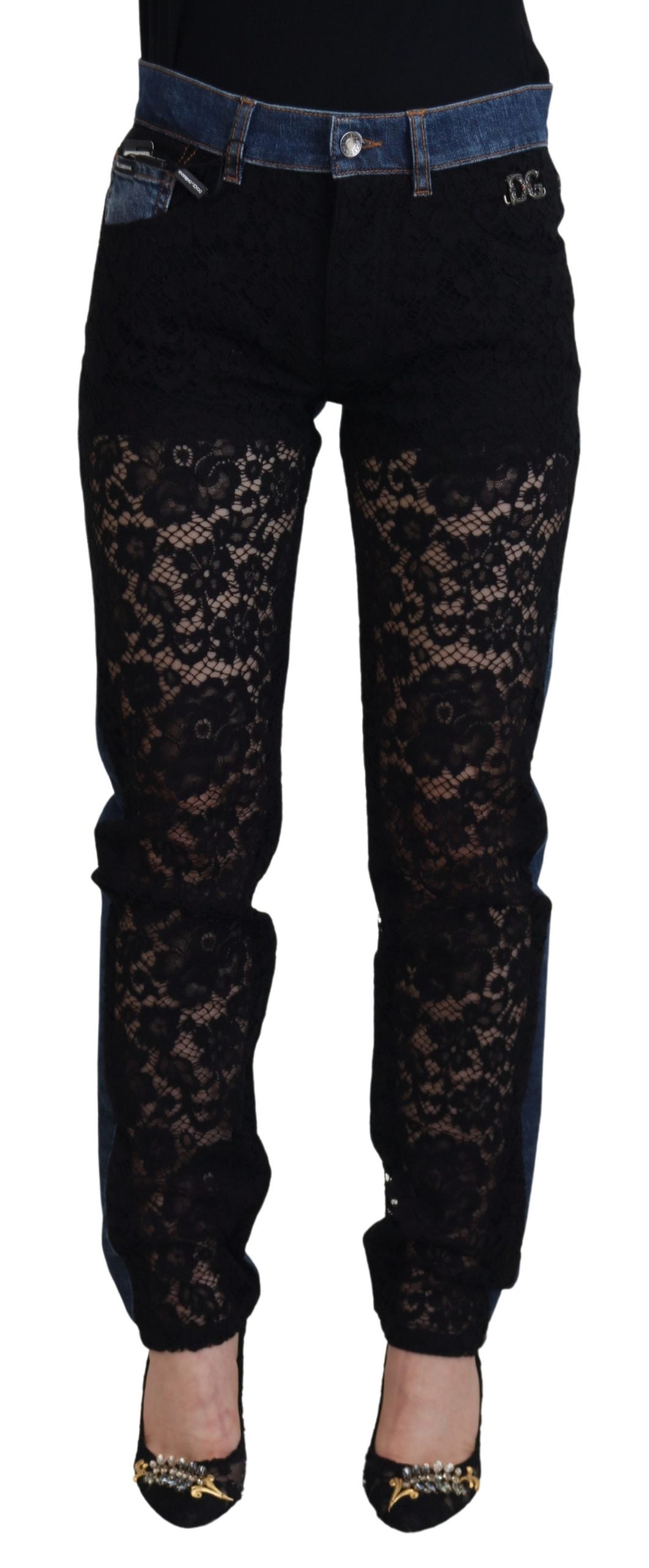 Dolce & Gabbana Black Floral Lace Front Skinny Denim Jeans | Regal Royce