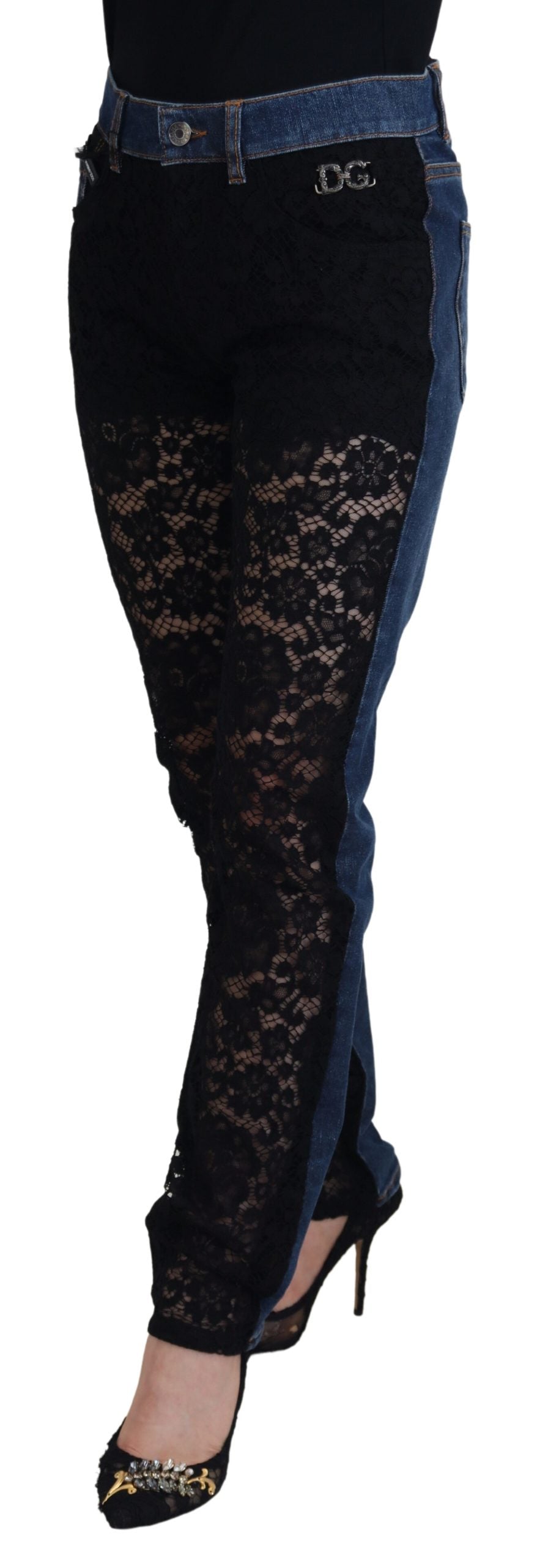 Dolce & Gabbana Black Floral Lace Front Skinny Denim Jeans | Regal Royce