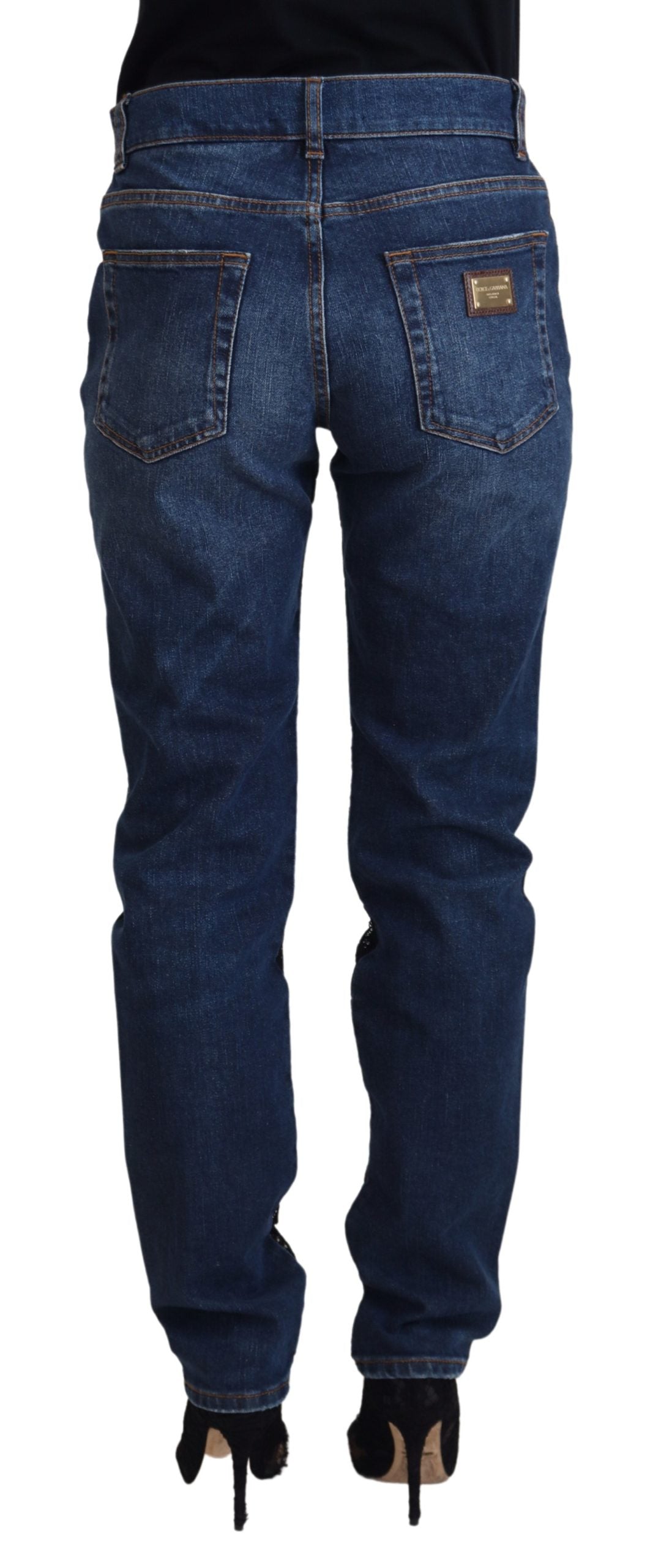 Dolce & Gabbana Black Floral Lace Front Skinny Denim Jeans | Regal Royce