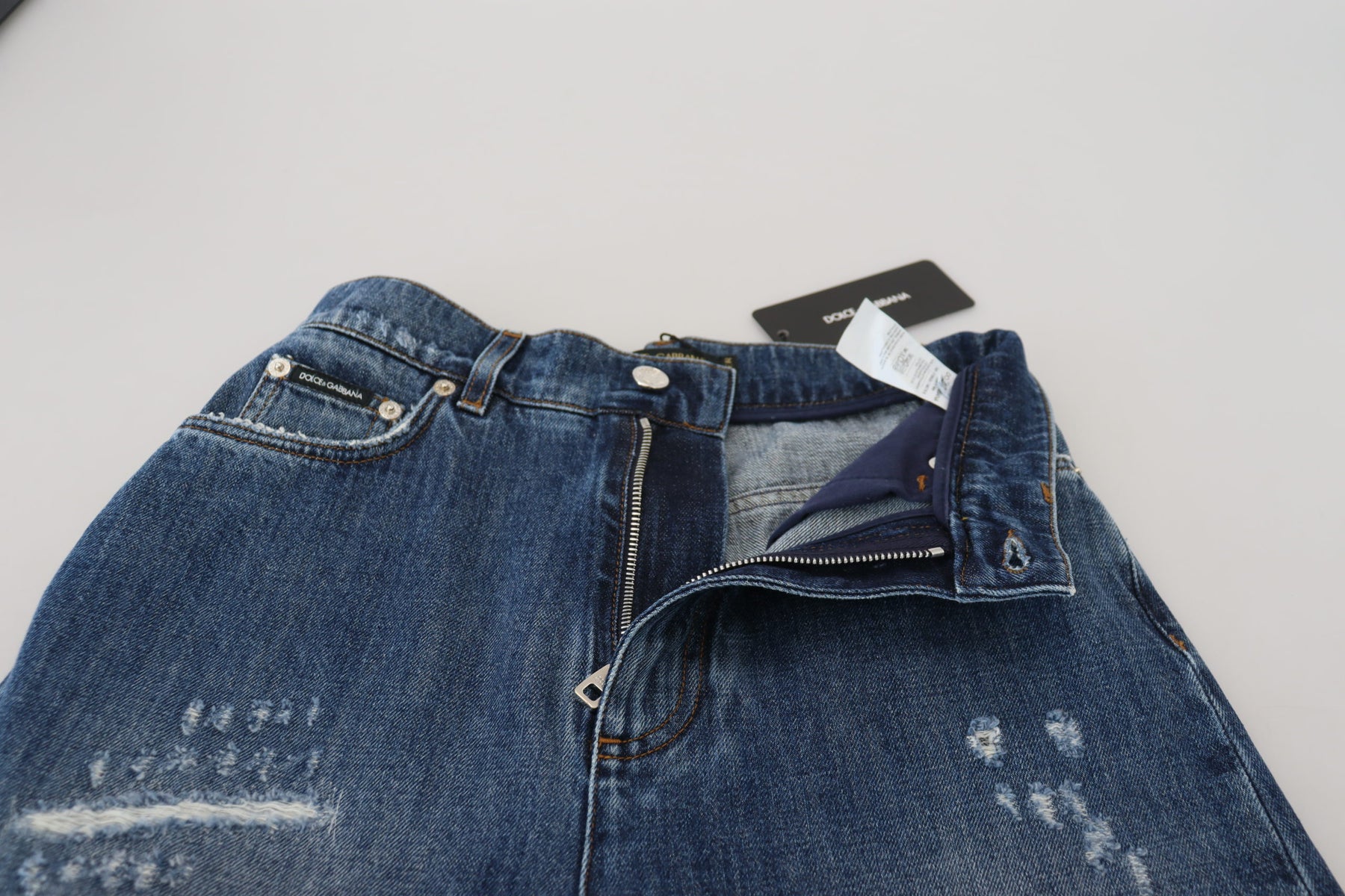 Dolce & Gabbana Blue Washed Cotton Tattered Denim Jeans | Regal Royce