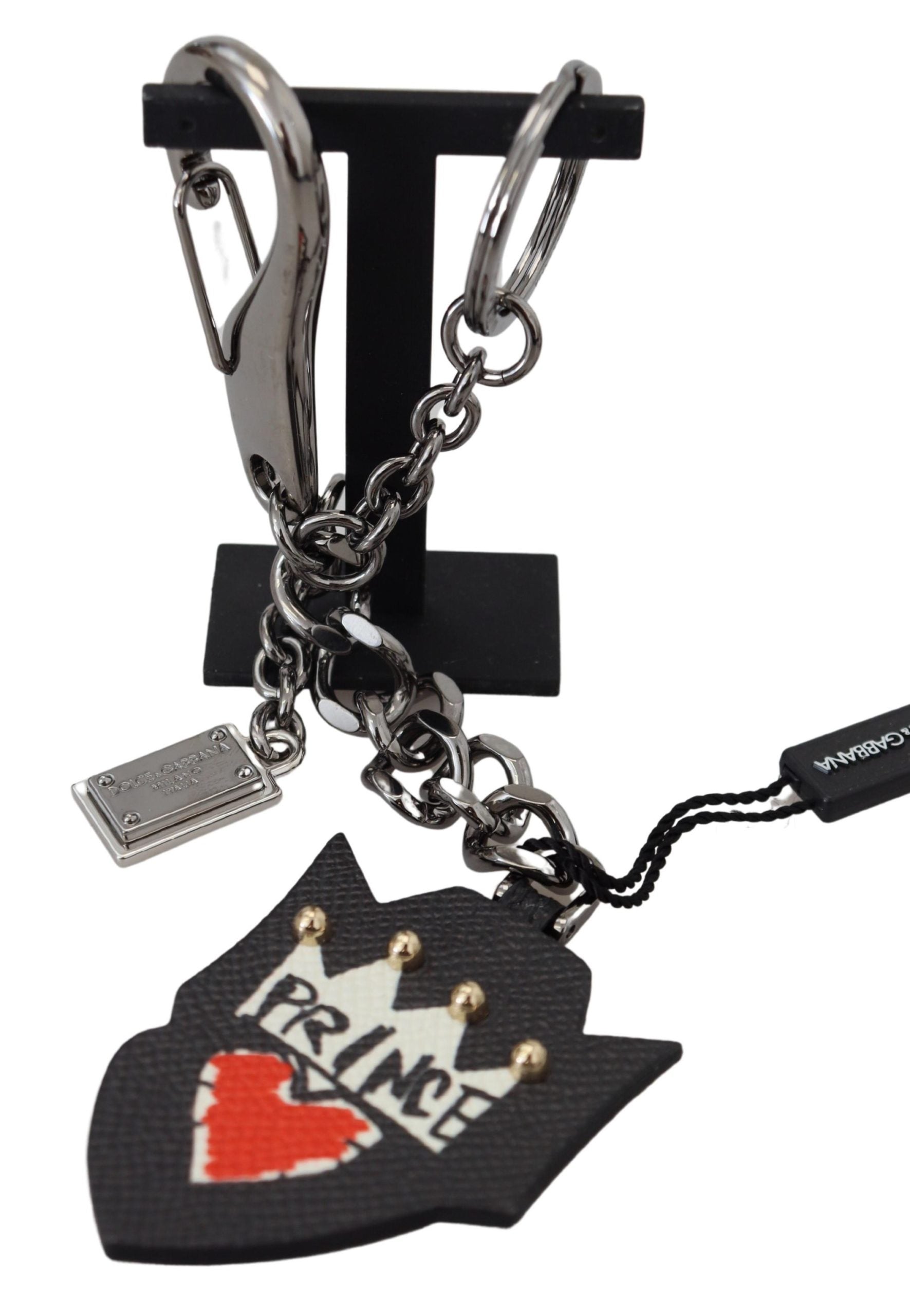 Dolce & Gabbana Black Prince Studs Logo Silver Brass Keychain | Regal Royce