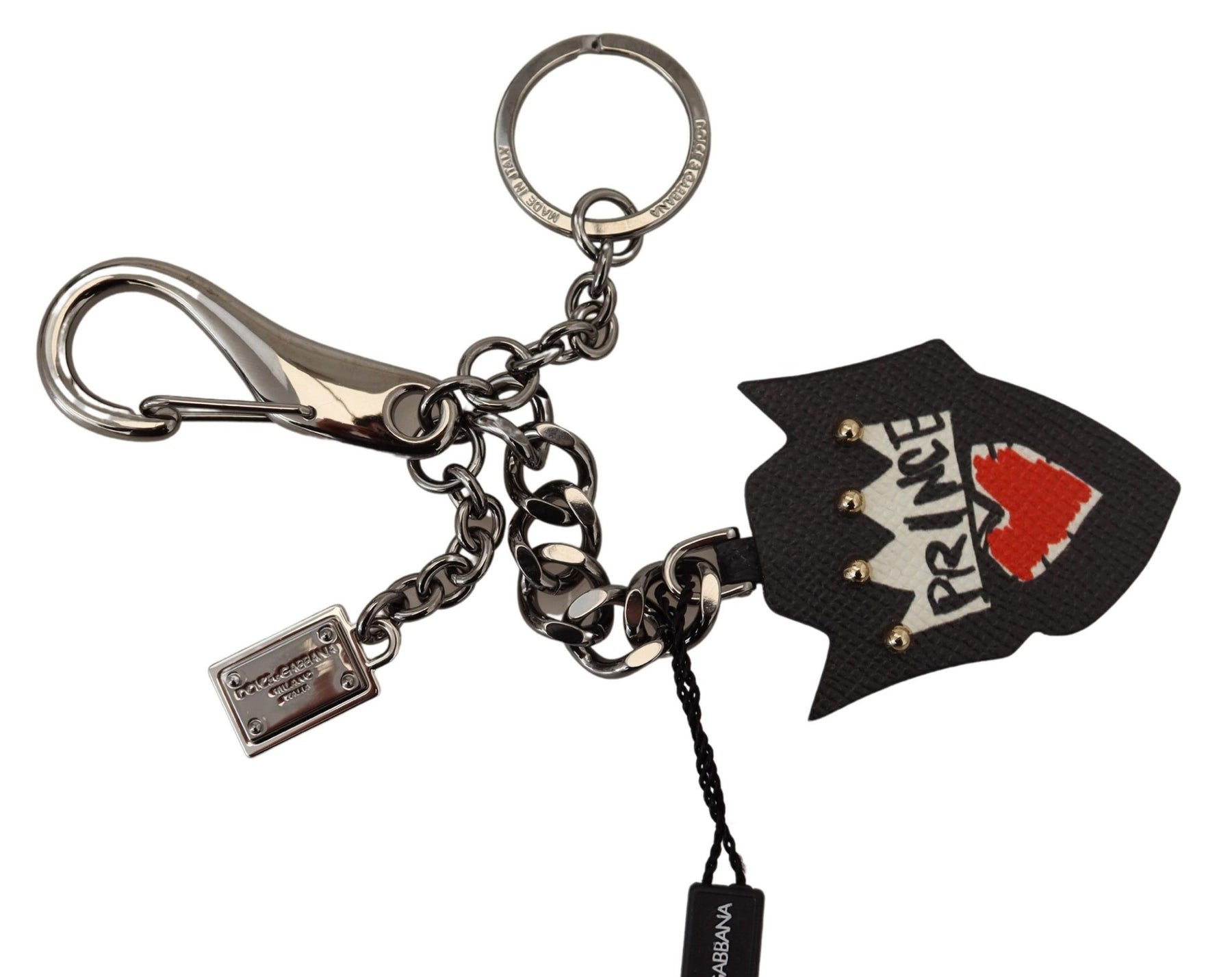 Dolce & Gabbana Black Prince Studs Logo Silver Brass Keychain | Regal Royce
