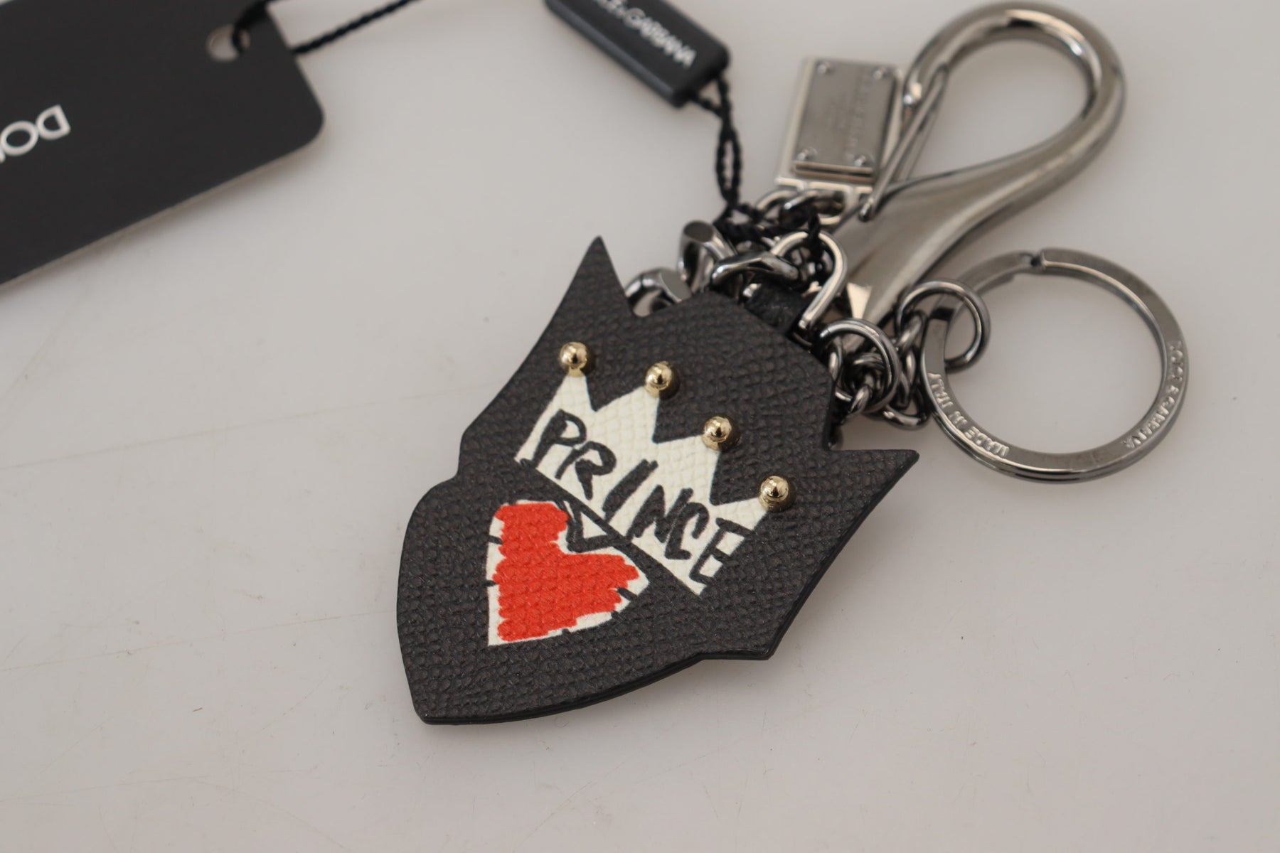 Dolce & Gabbana Black Prince Studs Logo Silver Brass Keychain | Regal Royce
