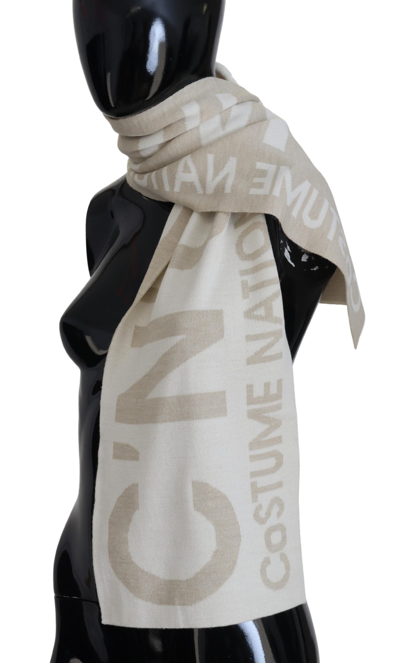 Costume National Beige White Logo Wrap Warmer Shawl Scarf | Regal Royce