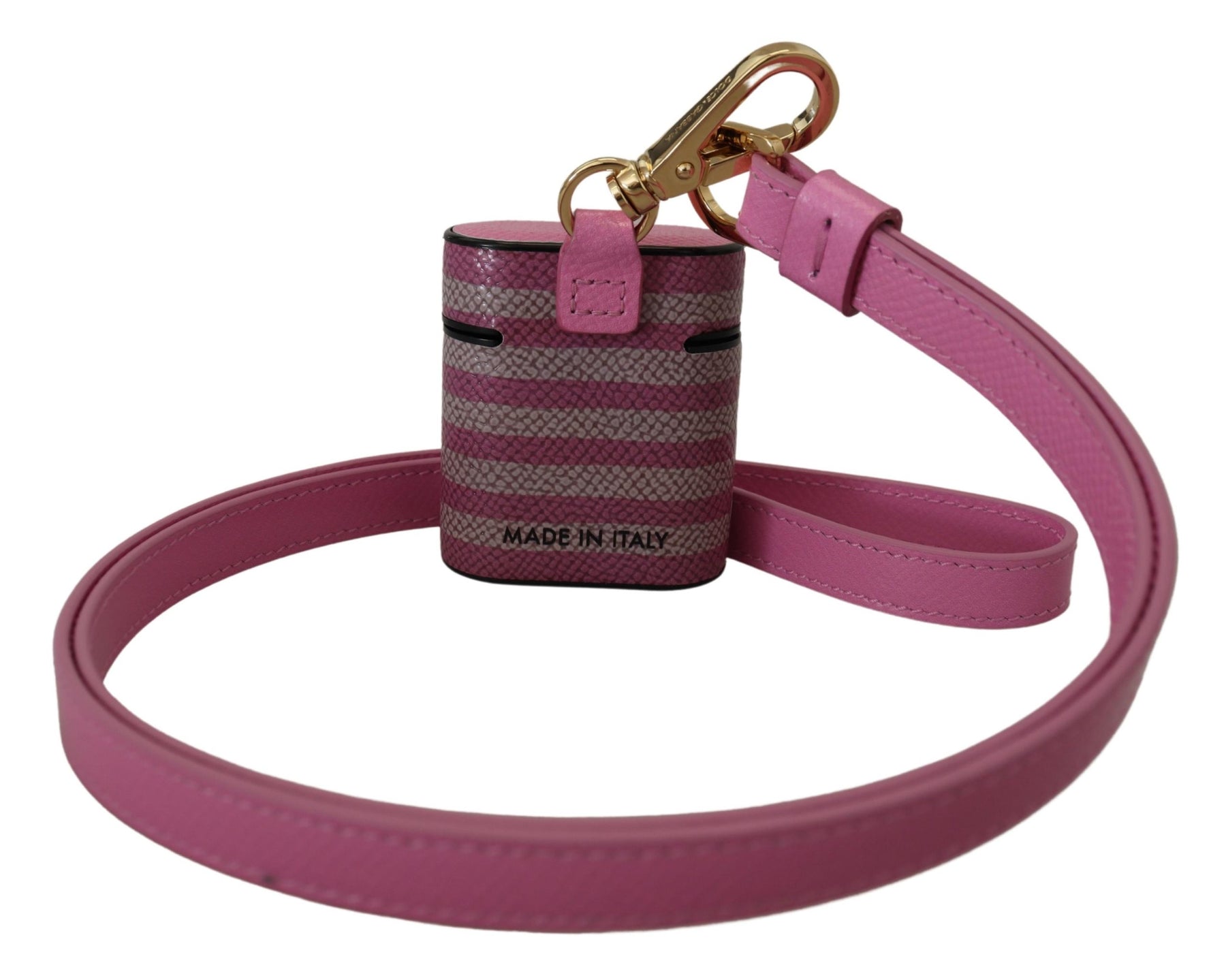 Dolce & Gabbana Pink Black Leather Strap Gold Metal Logo Airpods Case | Regal Royce