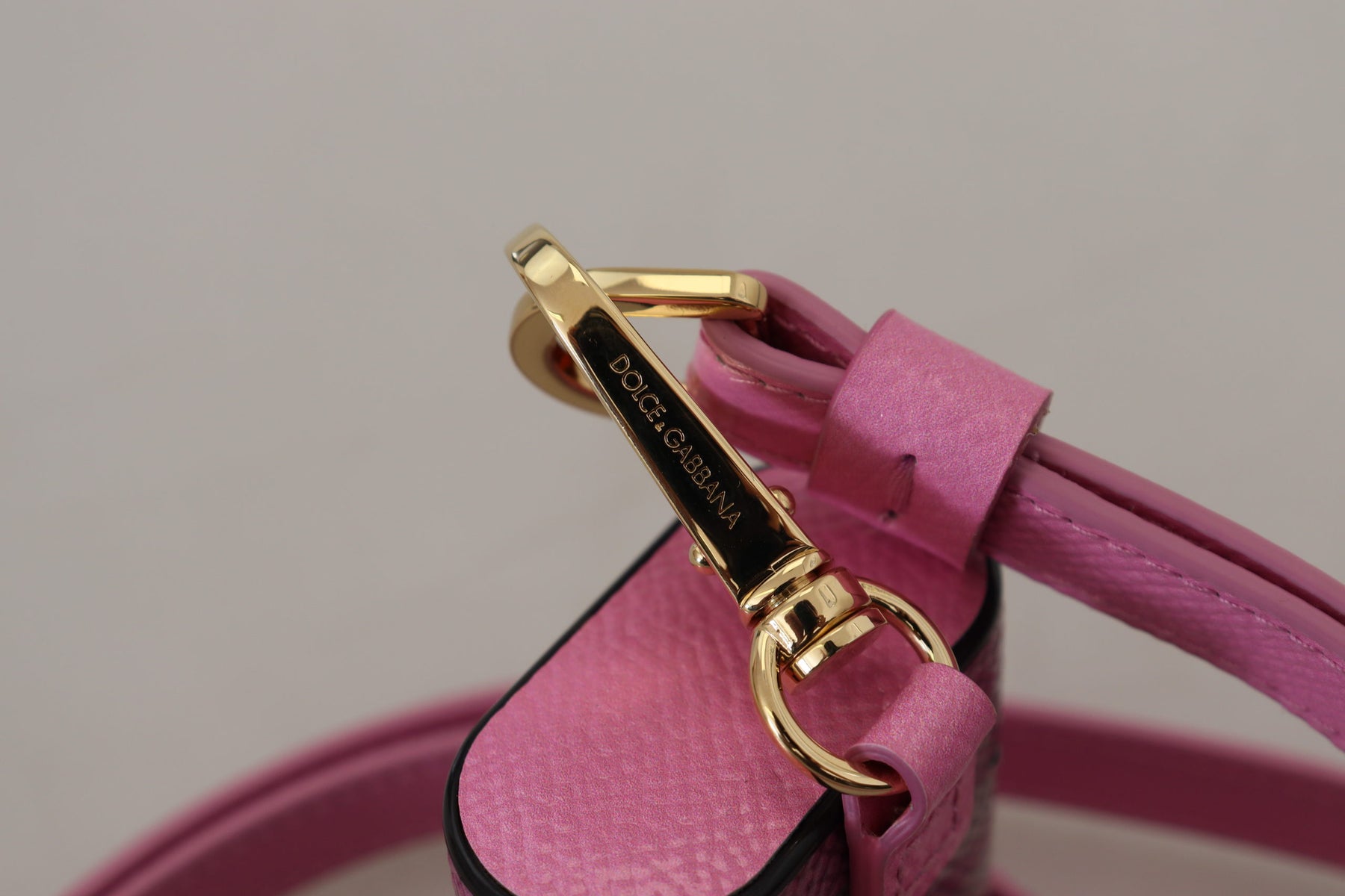 Dolce & Gabbana Pink Black Leather Strap Gold Metal Logo Airpods Case | Regal Royce