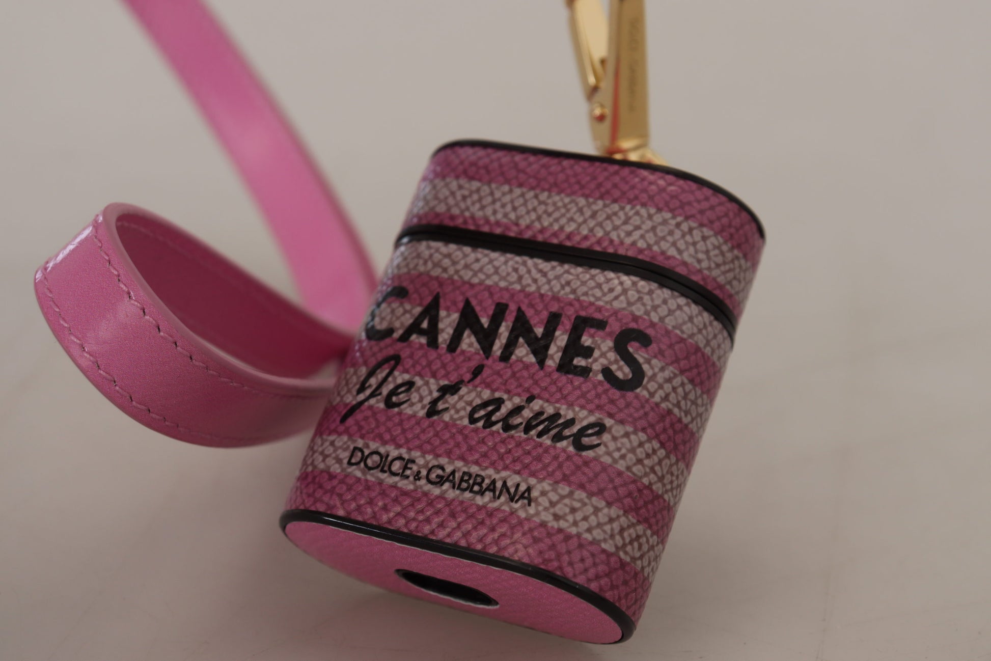 Dolce & Gabbana Pink Black Leather Strap Gold Metal Logo Airpods Case