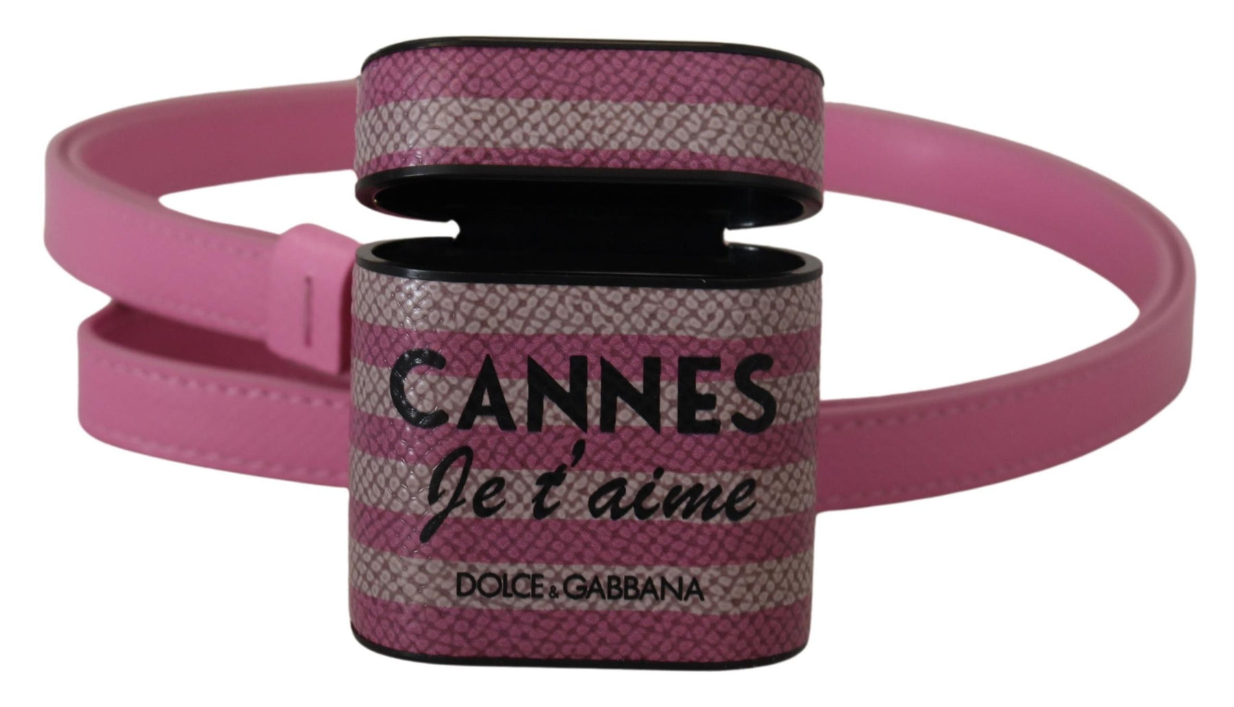 Dolce & Gabbana Pink Black Leather Strap Gold Metal Logo Airpods Case | Regal Royce