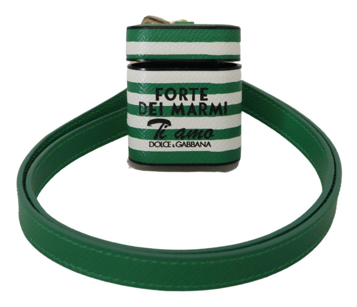 Dolce & Gabbana Green Leather Strap Gold Metal Logo Airpods Case | Regal Royce
