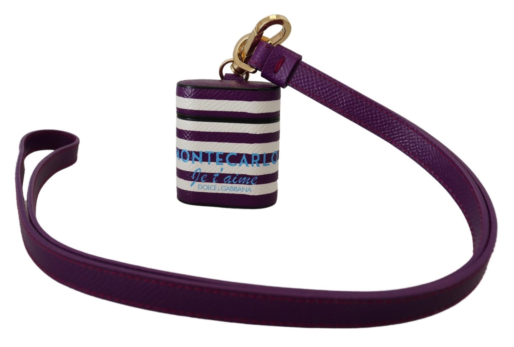 Dolce & Gabbana Purple Leather Strap Gold Metal Logo Airpods Case | Regal Royce
