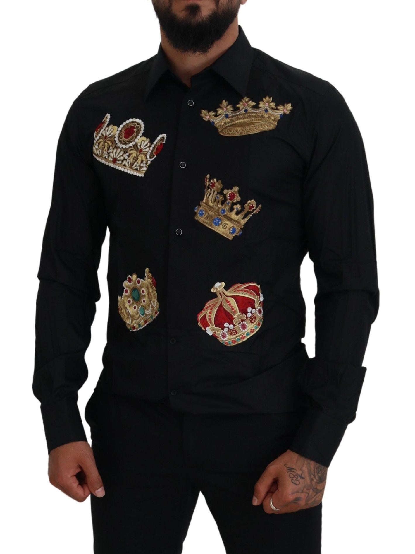 Dolce & Gabbana Black Gold Crown Slim Fit Dress Formal Shirt | Regal Royce