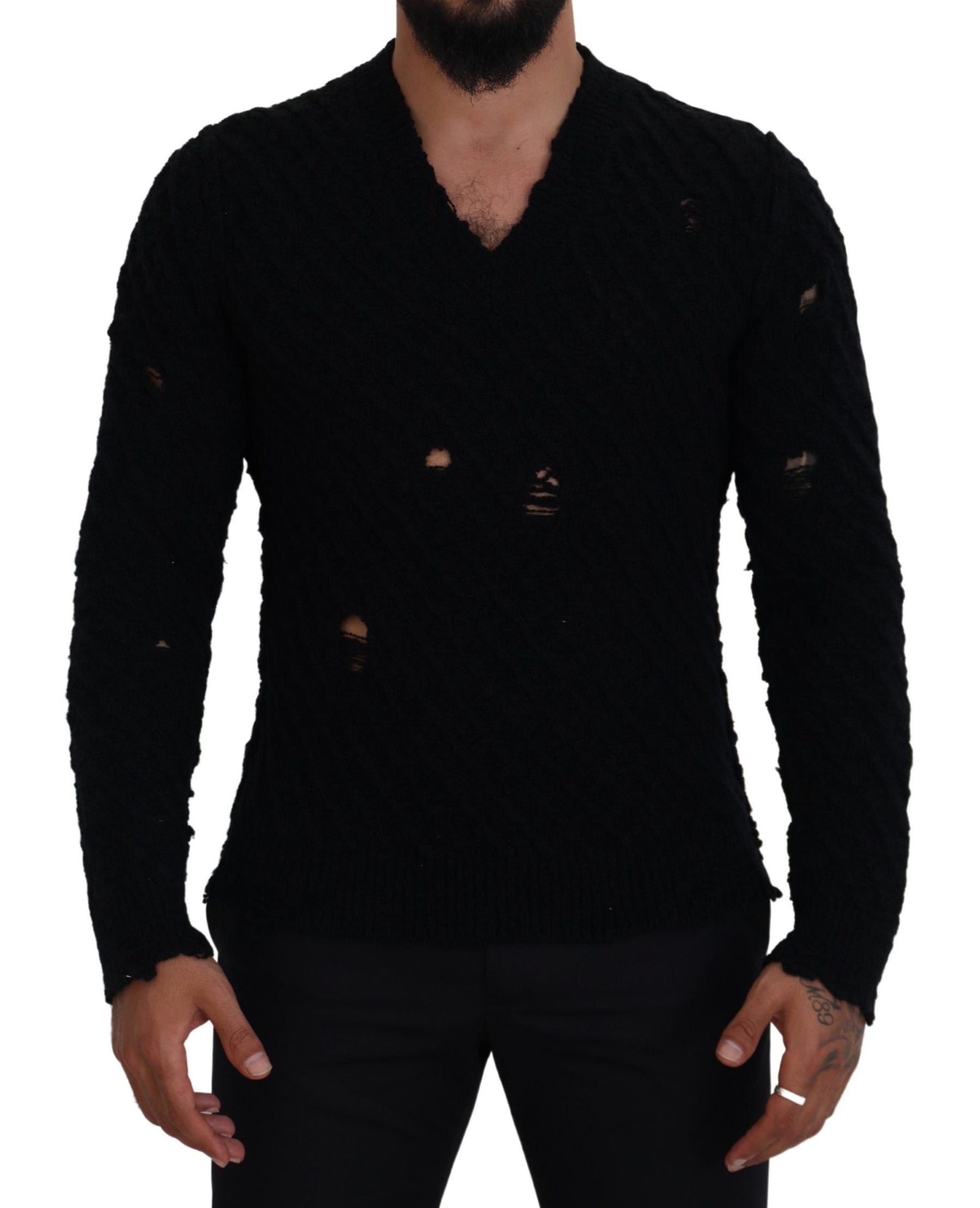 Dolce & Gabbana Black Wool V-neck Knitted Pullover Sweater | Regal Royce