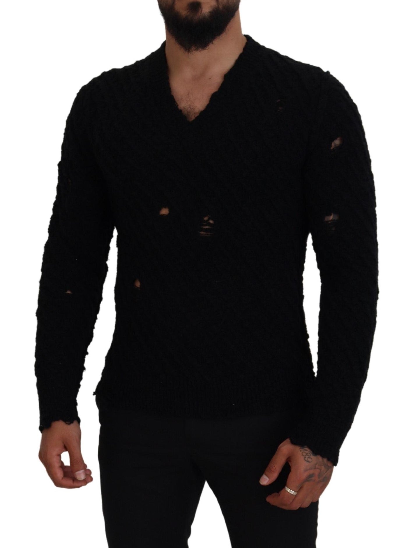 Dolce & Gabbana Black Wool V-neck Knitted Pullover Sweater | Regal Royce