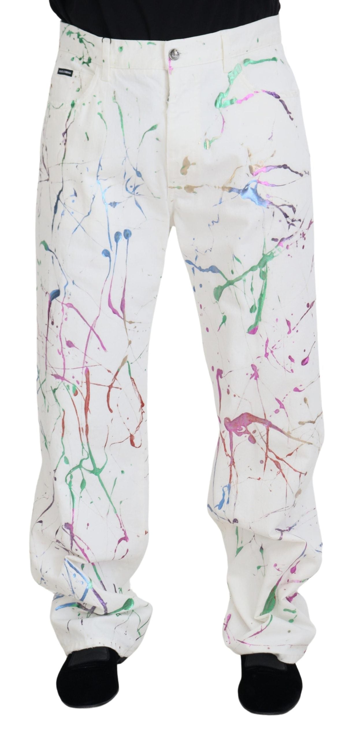 Dolce & Gabbana White Cotton Color Splash Print Denim Pants | Regal Royce