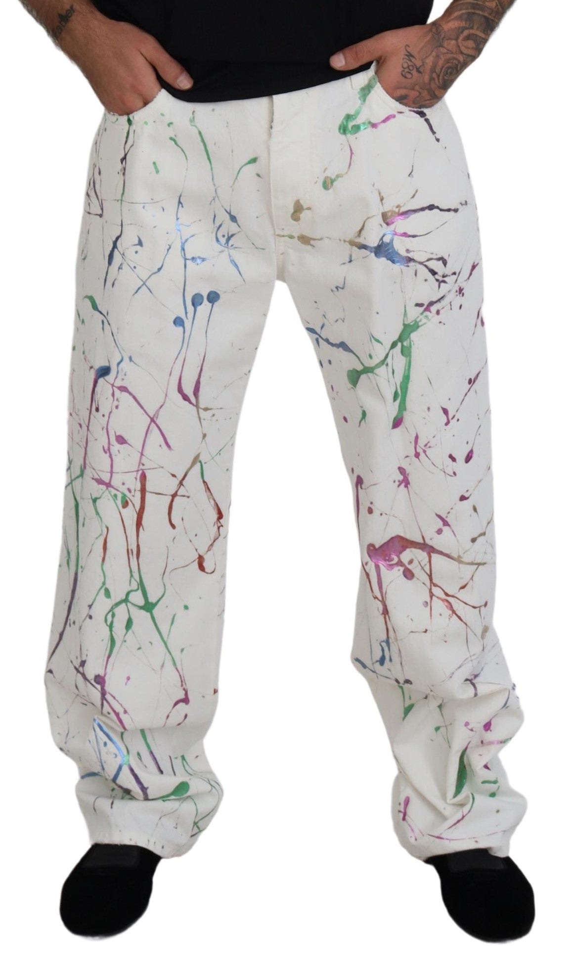 Dolce & Gabbana White Cotton Color Splash Print Denim Pants | Regal Royce