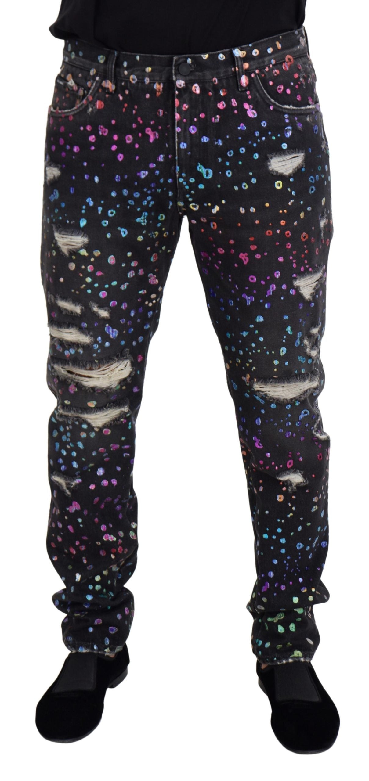 Dolce & Gabbana Black Multicolor Print Tattered Denim Jeans | Regal Royce