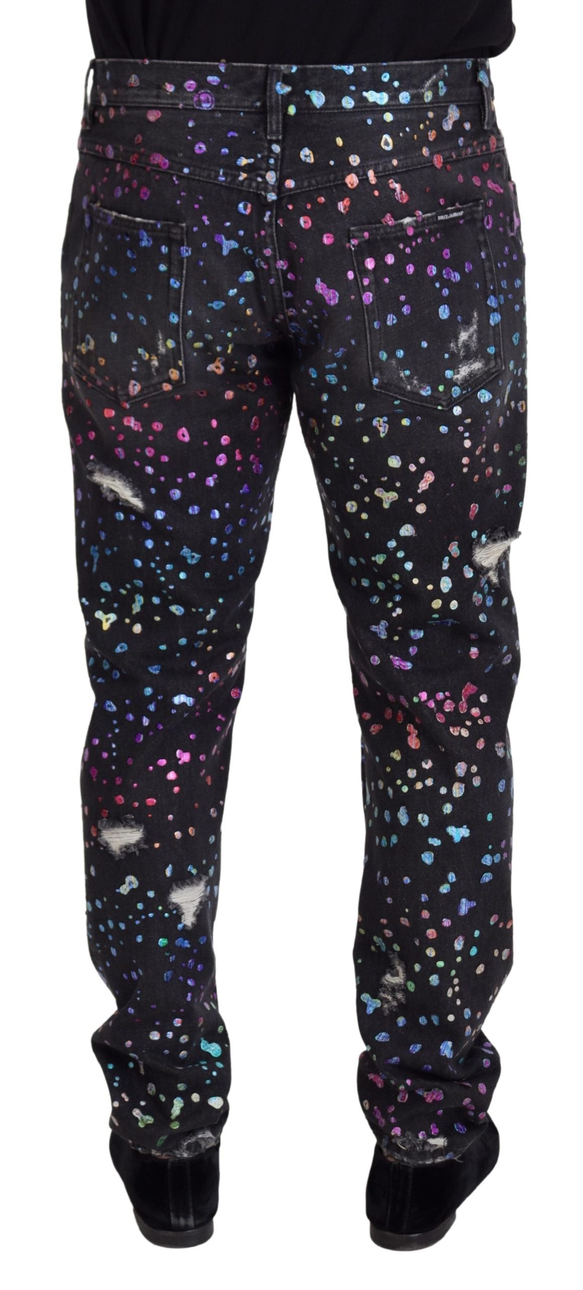 Dolce & Gabbana Black Multicolor Print Tattered Denim Jeans | Regal Royce