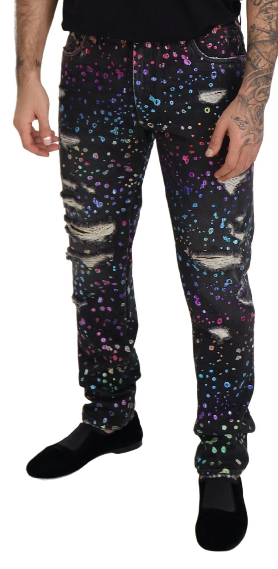 Dolce & Gabbana Black Multicolor Print Tattered Denim Jeans | Regal Royce