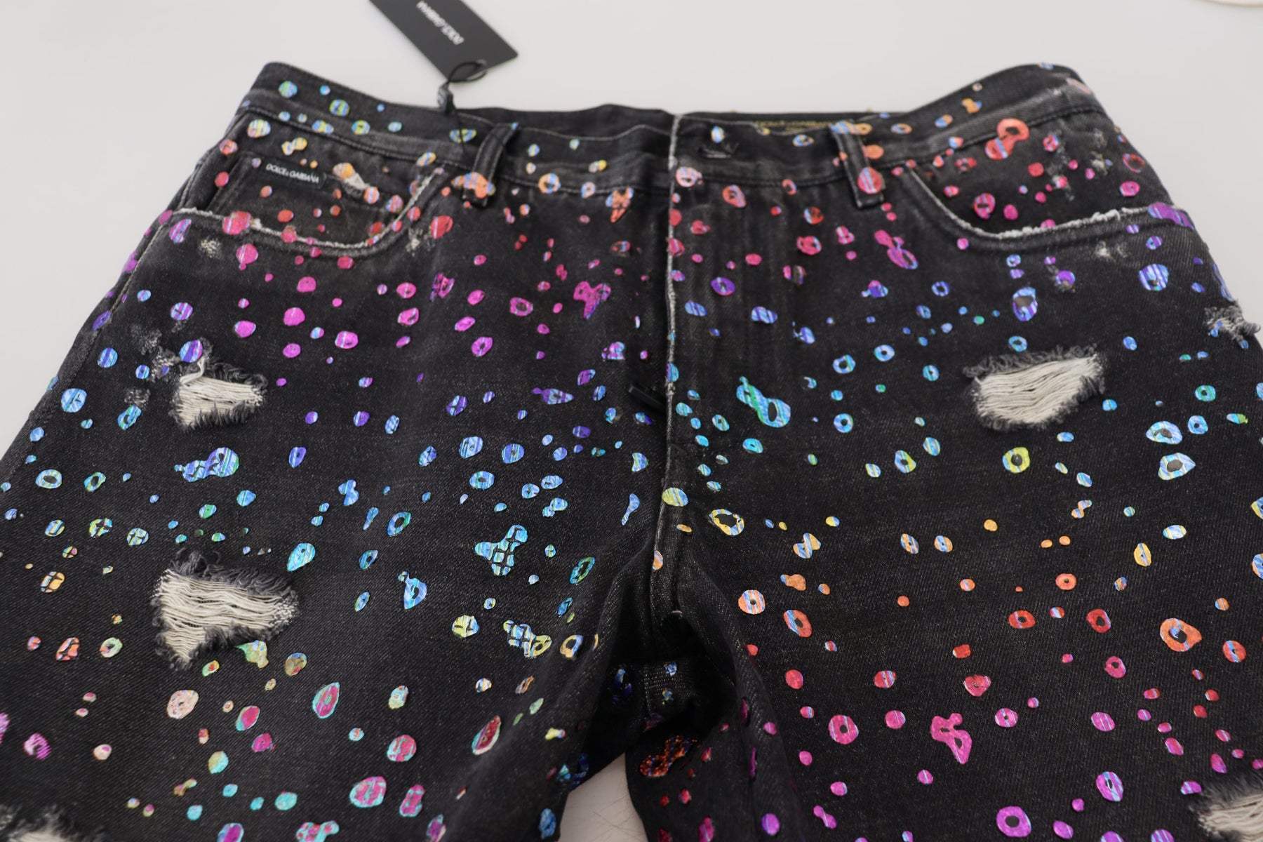 Dolce & Gabbana Black Multicolor Print Tattered Denim Jeans | Regal Royce