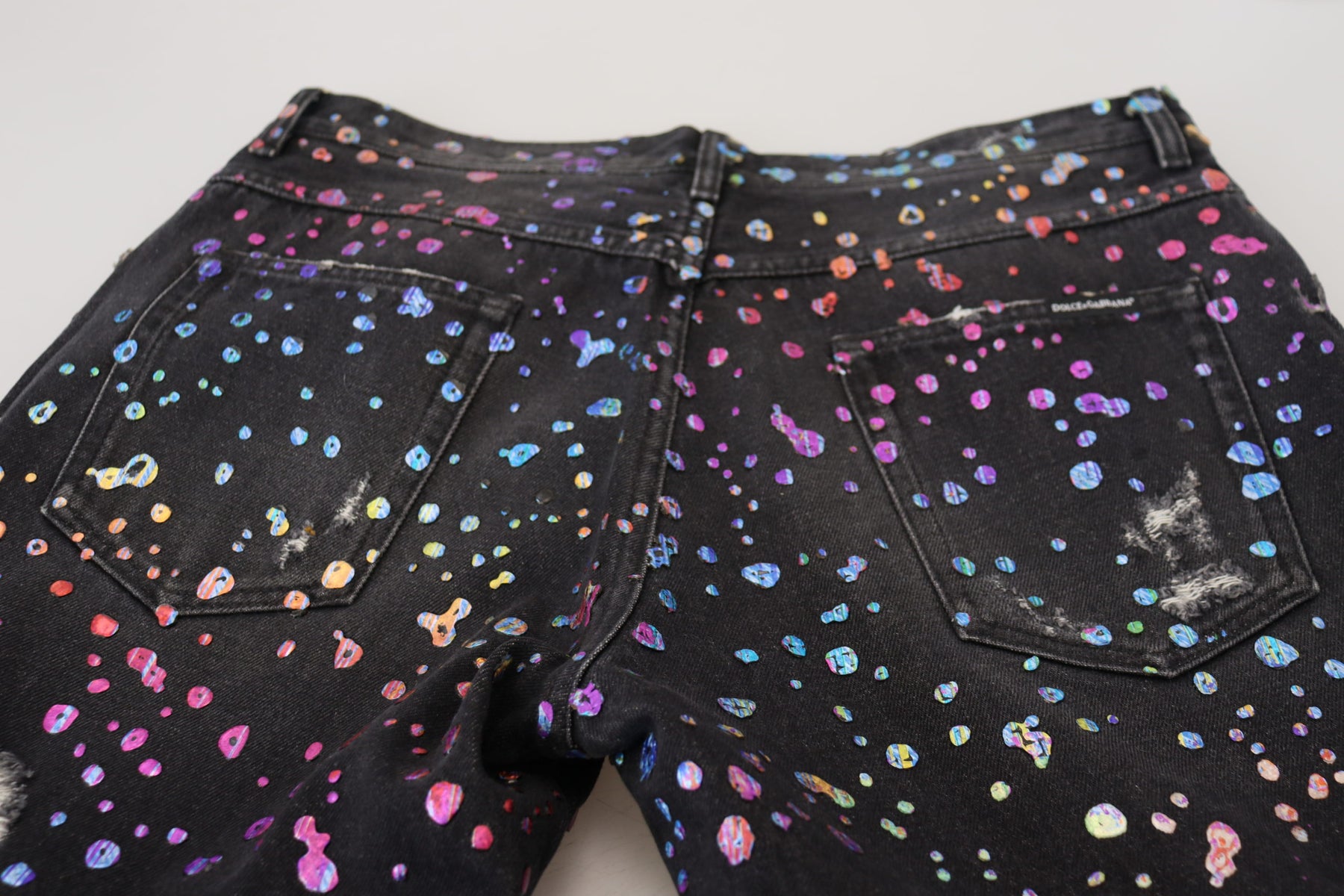 Dolce & Gabbana Black Multicolor Print Tattered Denim Jeans | Regal Royce