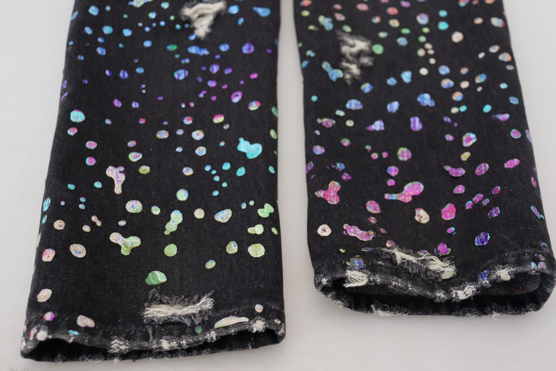 Dolce & Gabbana Black Multicolor Print Tattered Denim Jeans | Regal Royce