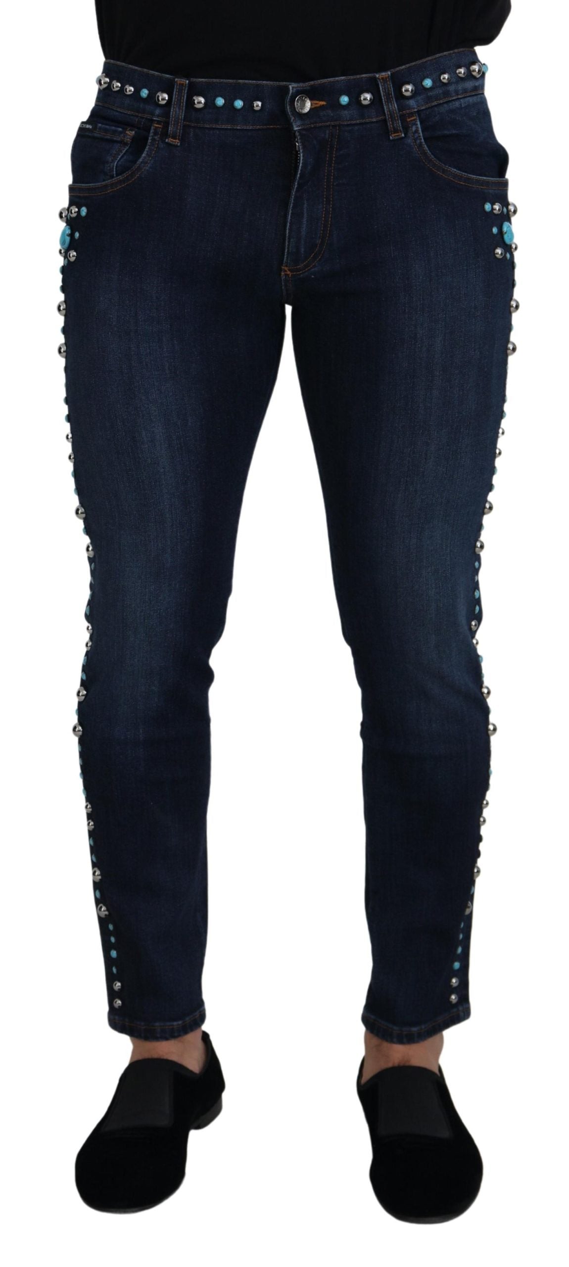 Dolce & Gabbana Blue Cotton Studded Low Waist Denim Jeans | Regal Royce