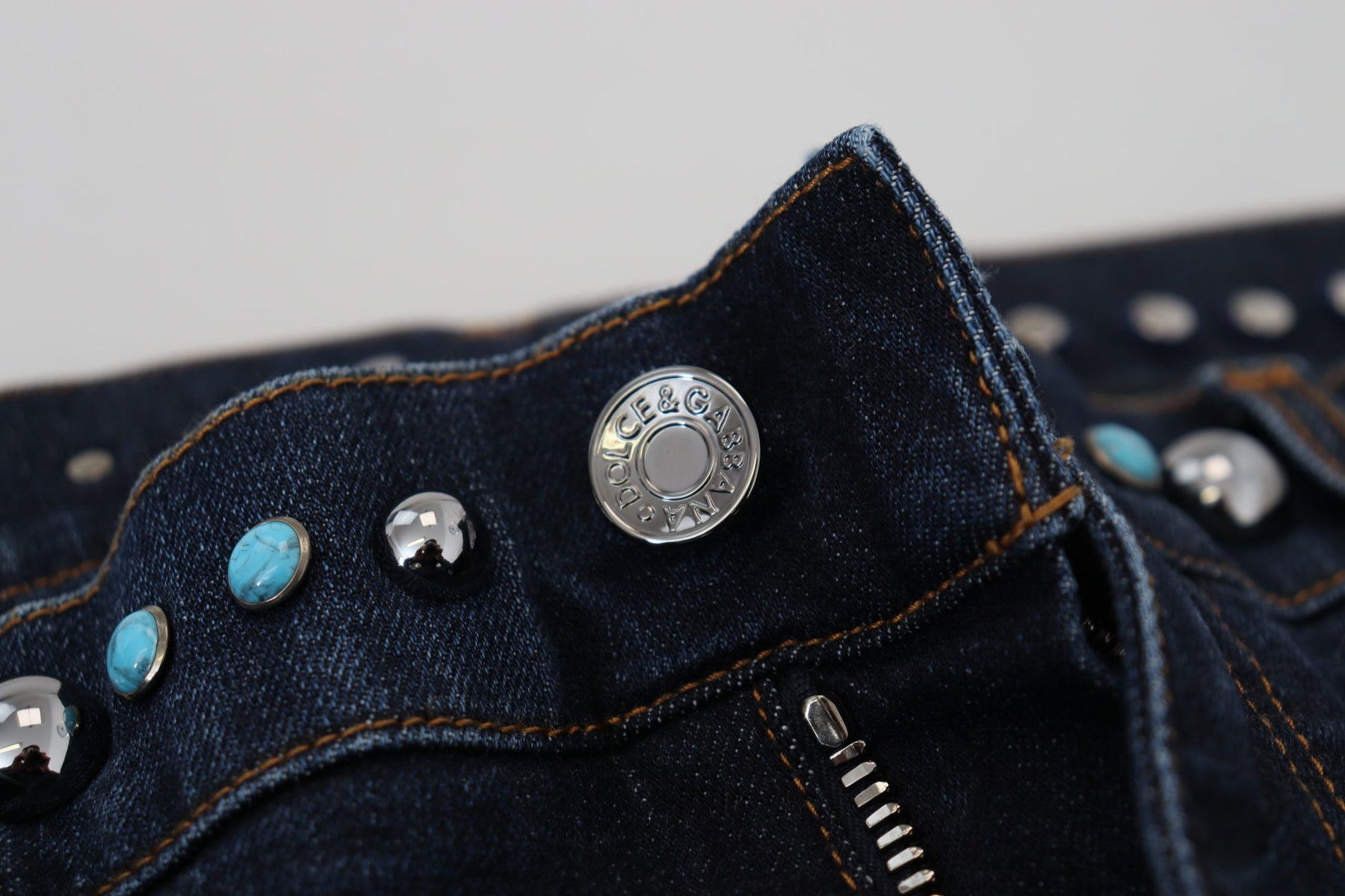 Dolce & Gabbana Blue Cotton Studded Low Waist Denim Jeans | Regal Royce