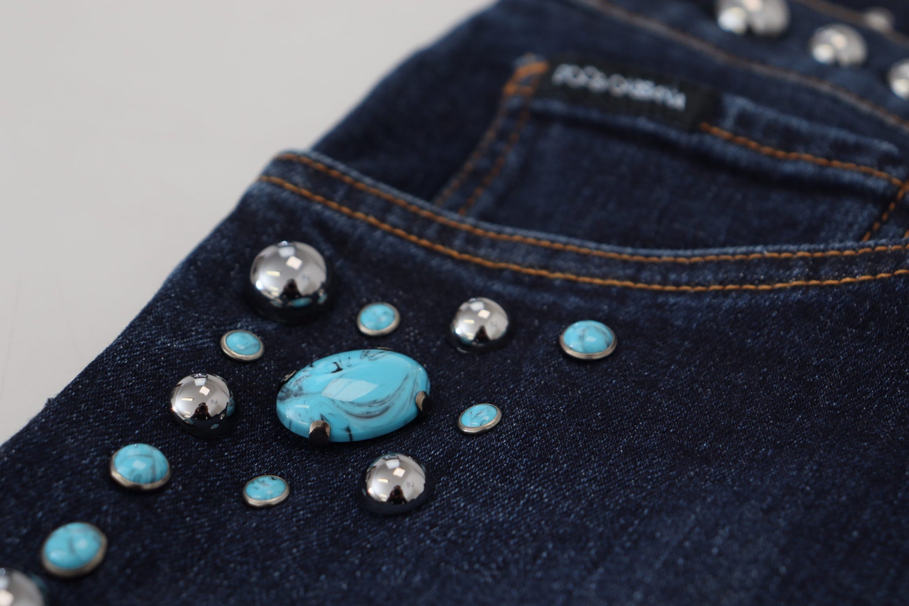 Dolce & Gabbana Blue Cotton Studded Low Waist Denim Jeans | Regal Royce