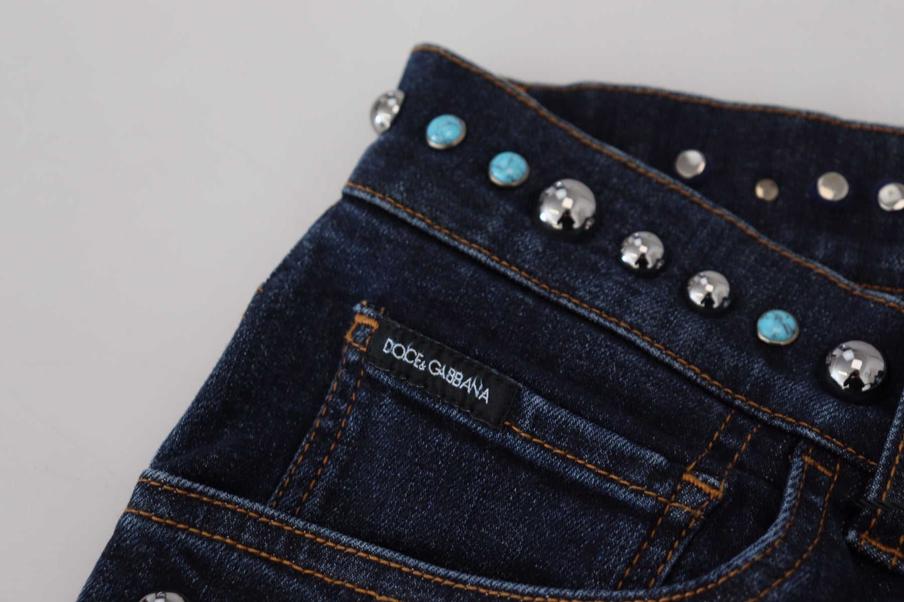 Dolce & Gabbana Blue Cotton Studded Low Waist Denim Jeans | Regal Royce