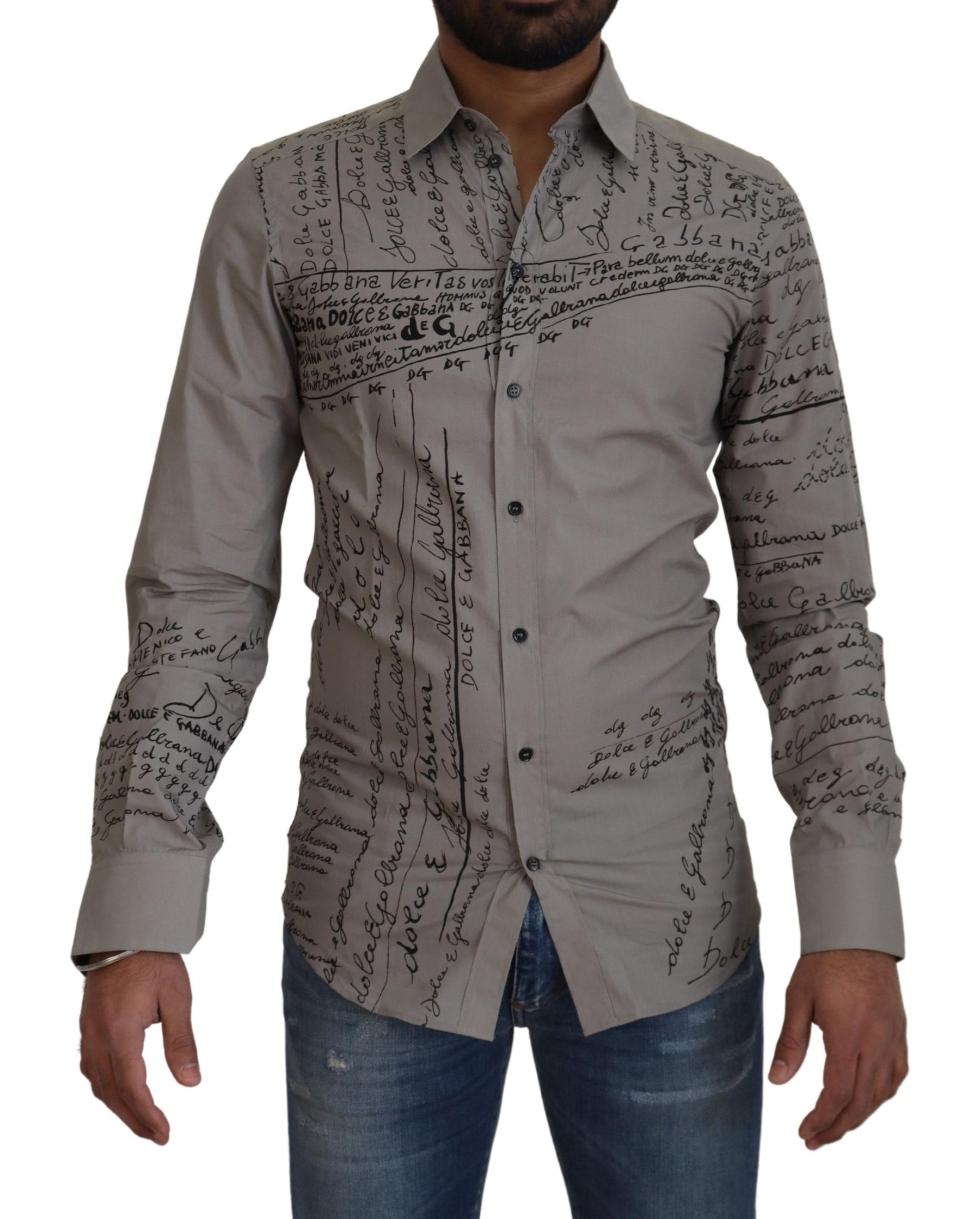 Dolce & Gabbana Gray Printed Cotton Slim Dress GOLD Shirt | Regal Royce
