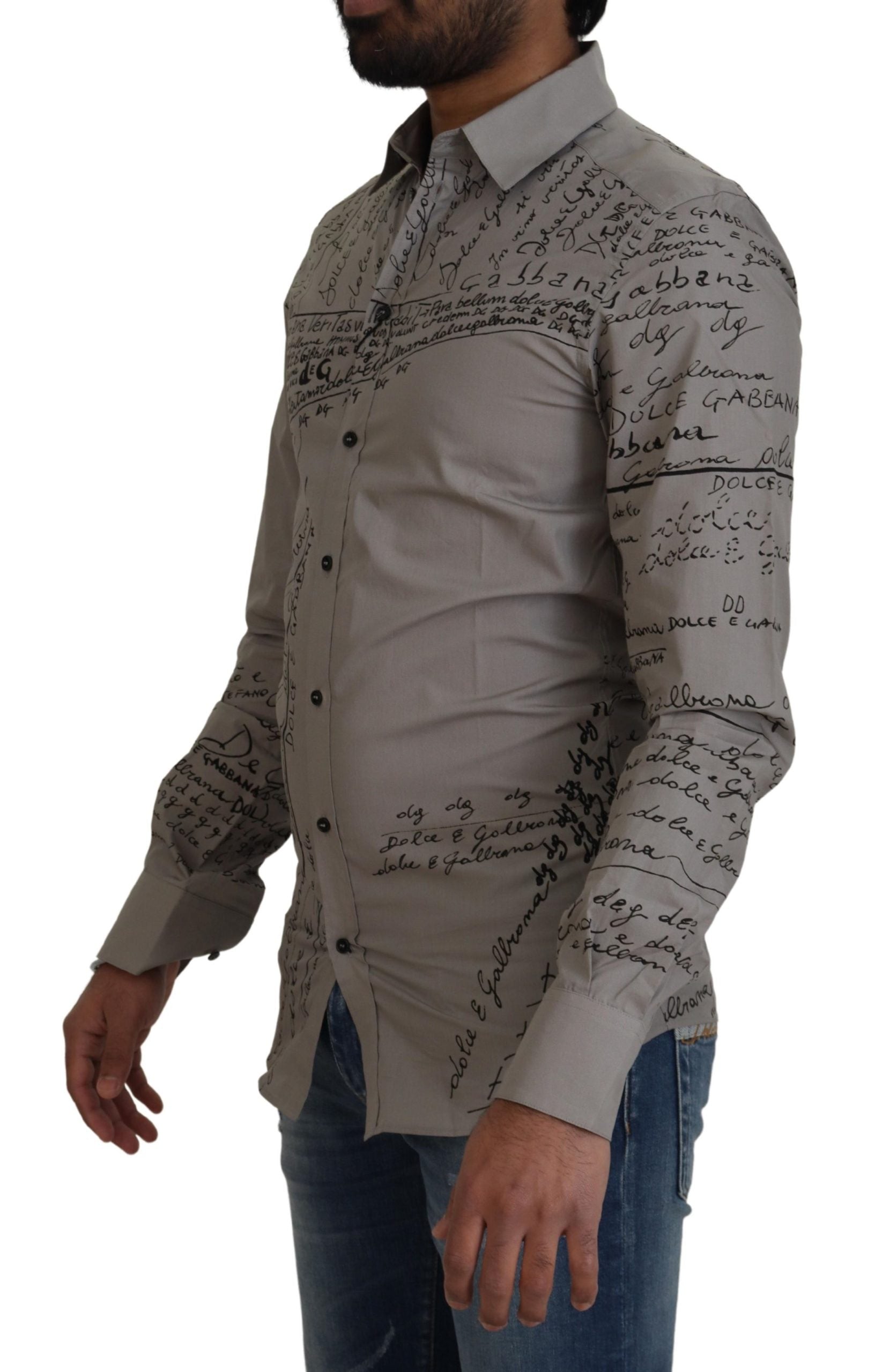 Dolce & Gabbana Gray Printed Cotton Slim Dress GOLD Shirt | Regal Royce
