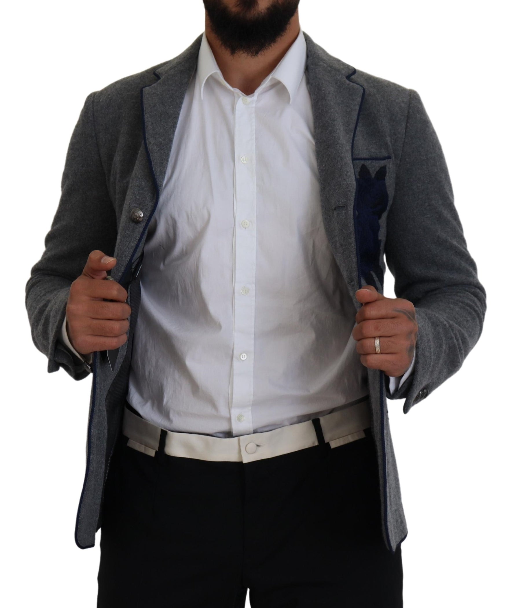 Dolce & Gabbana Gray Wool Roses Slim Fit Jacket Blazer | Regal Royce