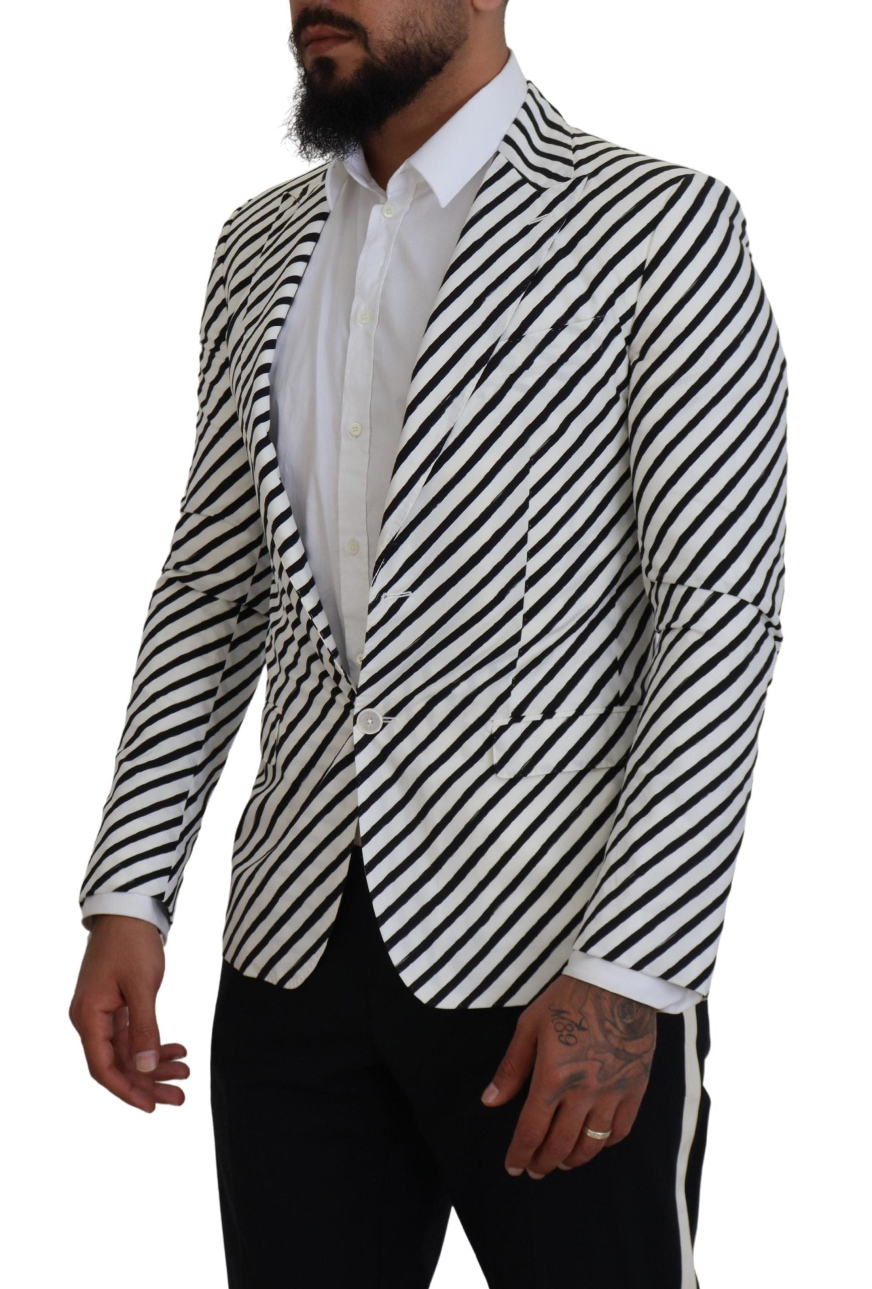 Dolce & Gabbana White Black Striped Slim Fit Jacket Blazer | Regal Royce