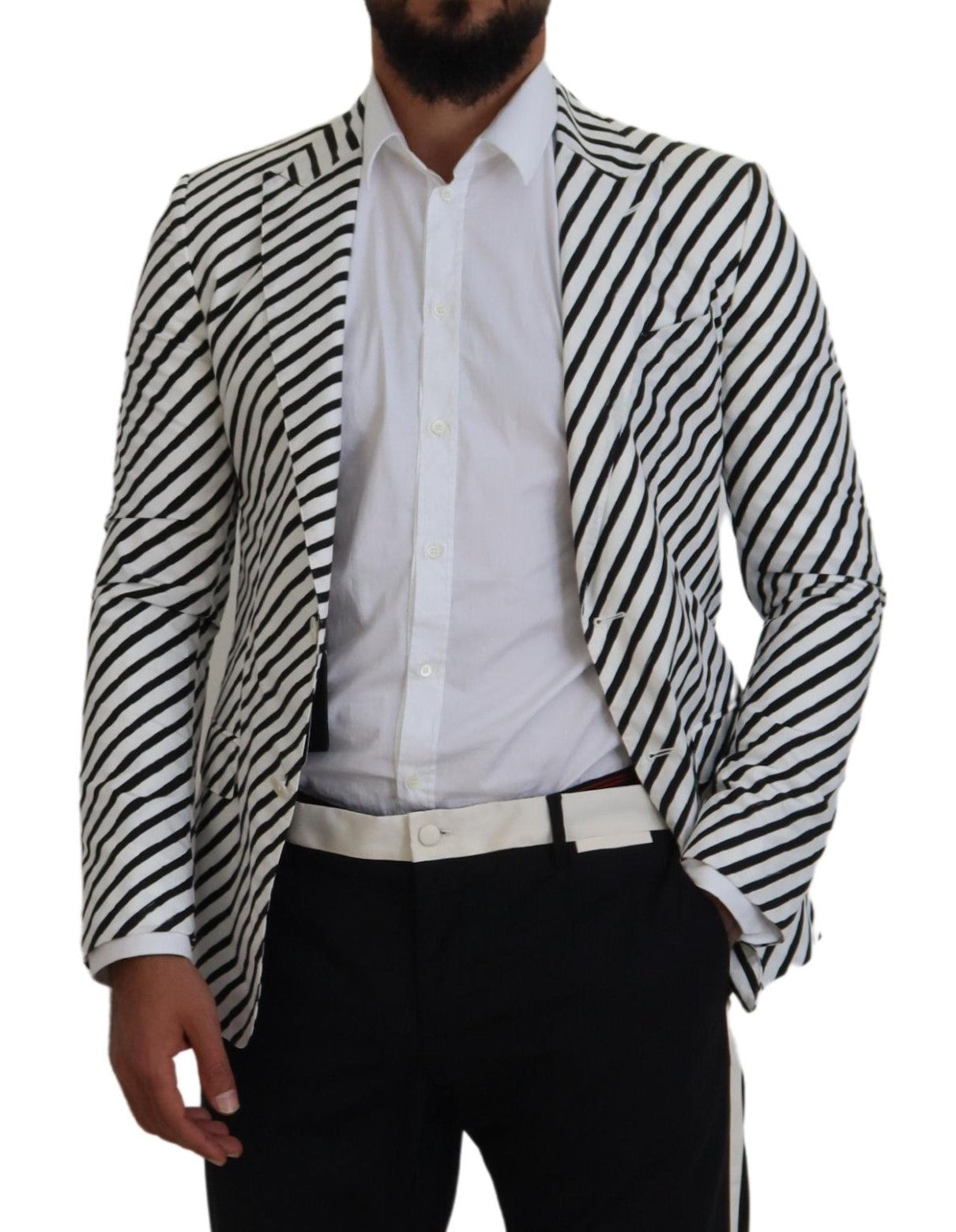 Dolce & Gabbana White Black Striped Slim Fit Jacket Blazer | Regal Royce