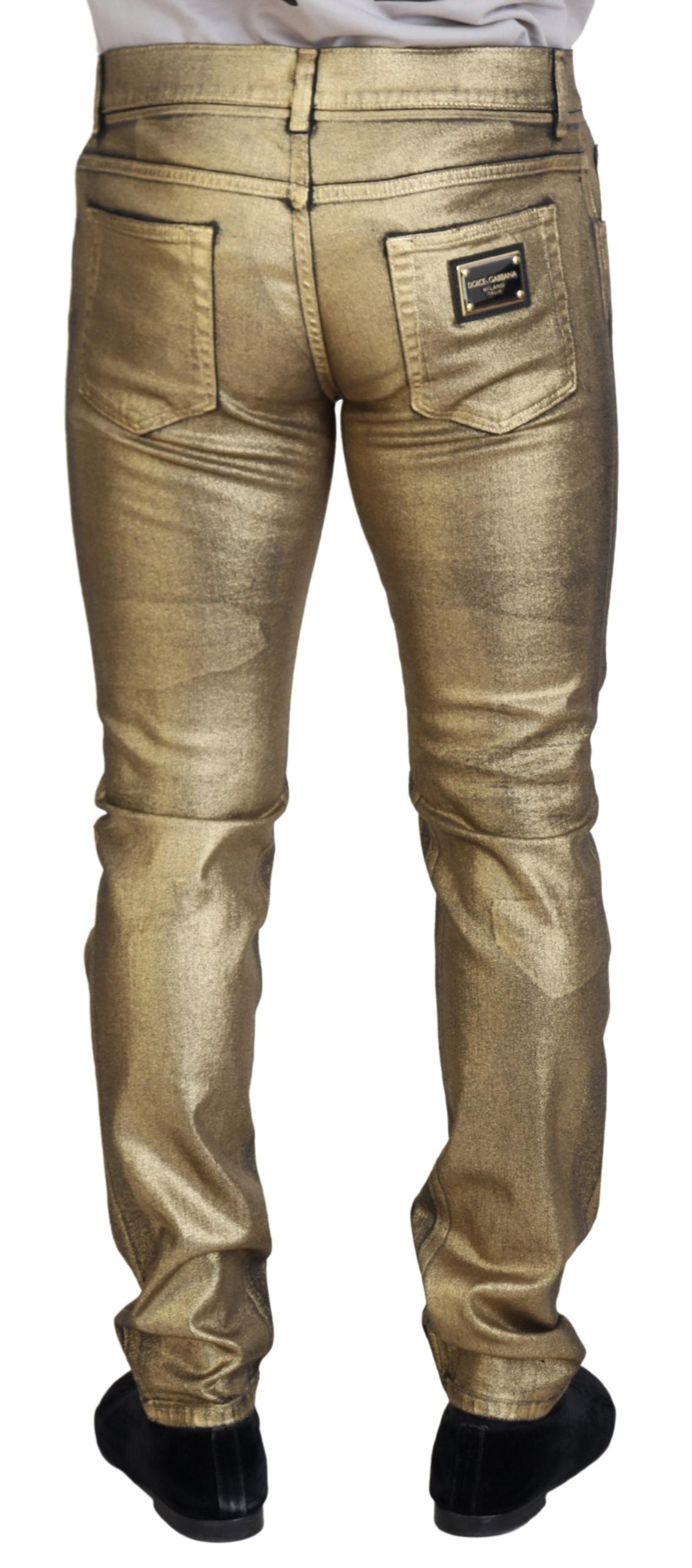 Dolce & Gabbana Gold Cotton Tattered Skinny Men Denim Jeans | Regal Royce
