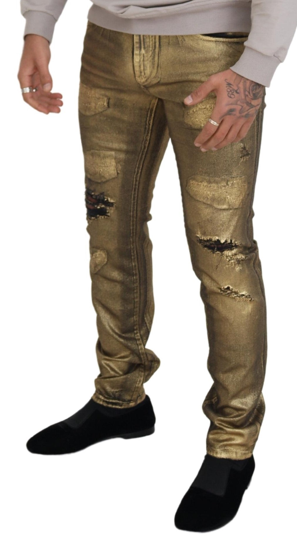Dolce & Gabbana Gold Cotton Tattered Skinny Men Denim Jeans | Regal Royce
