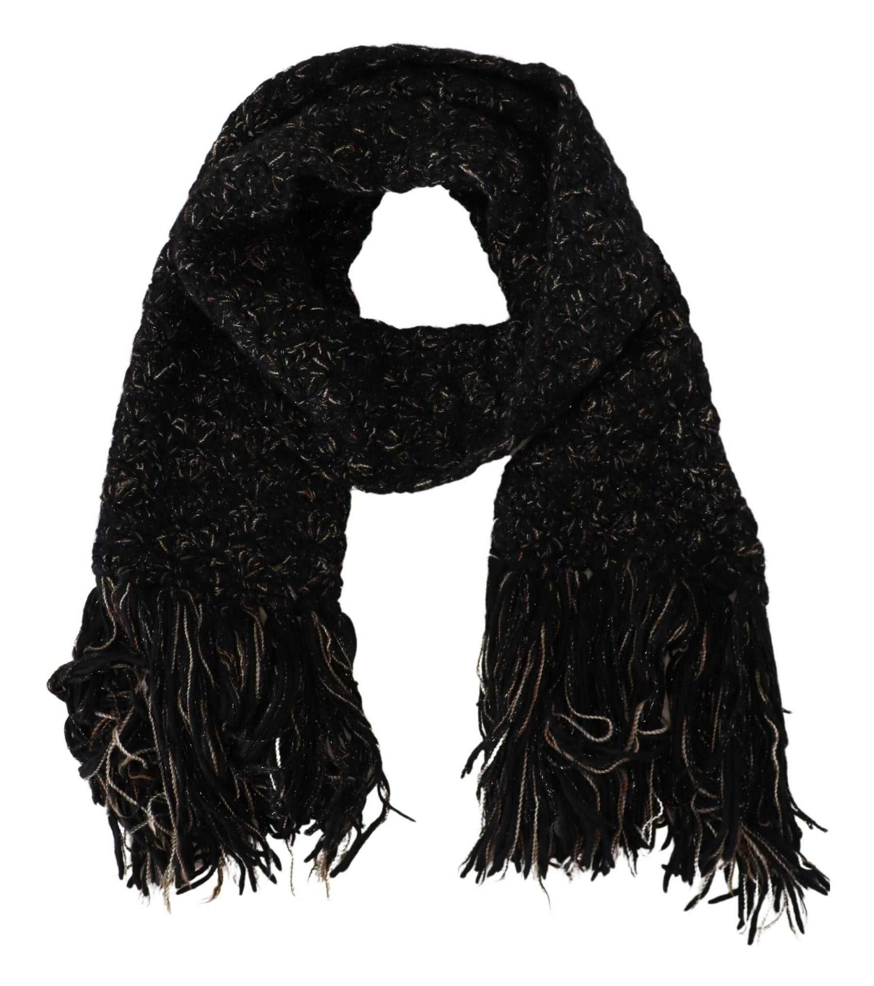 Dolce & Gabbana Black Wool Knitted Wrap Foulard Fringe Scarf | Regal Royce