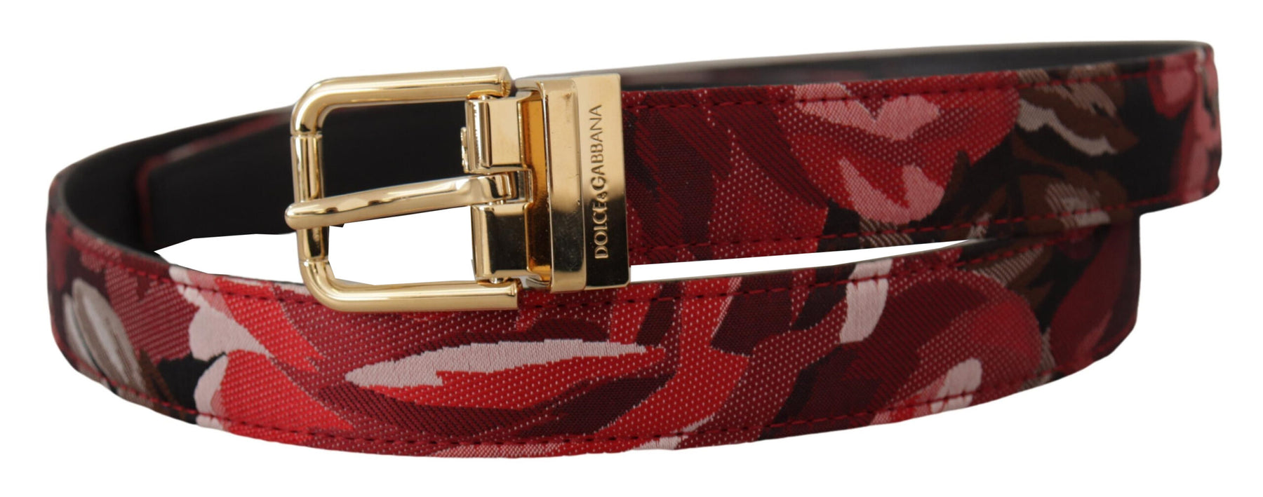 Dolce & Gabbana Red Jacquard Rose Leather Gold Metal Buckle Belt | Regal Royce