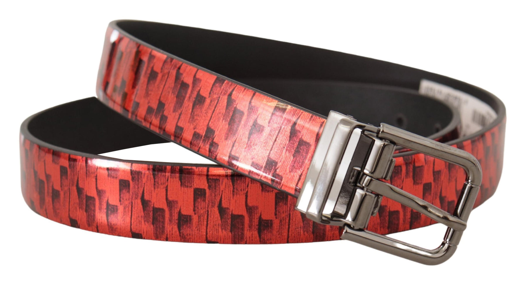 Dolce & Gabbana Red Herringbone Leather Gray Tone Buckle Belt | Regal Royce
