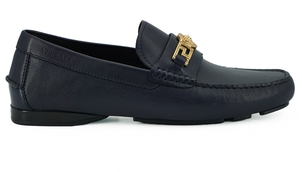 Versace Navy Blue Calf Leather Loafers Shoes | Regal Royce