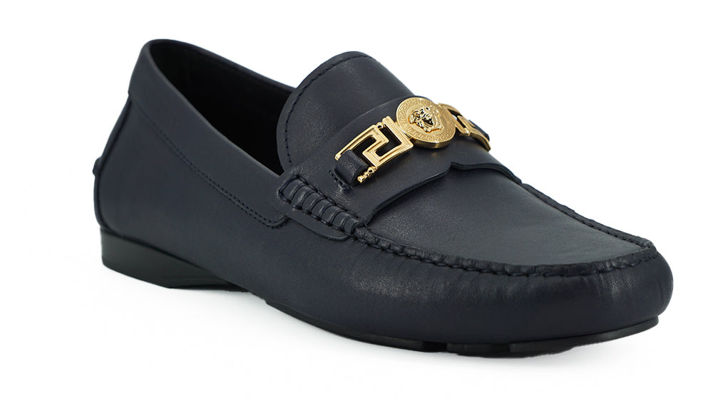 Versace Navy Blue Calf Leather Loafers Shoes | Regal Royce