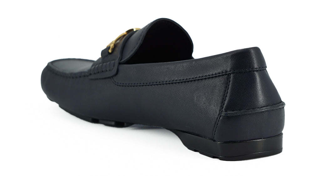 Versace Navy Blue Calf Leather Loafers Shoes | Regal Royce
