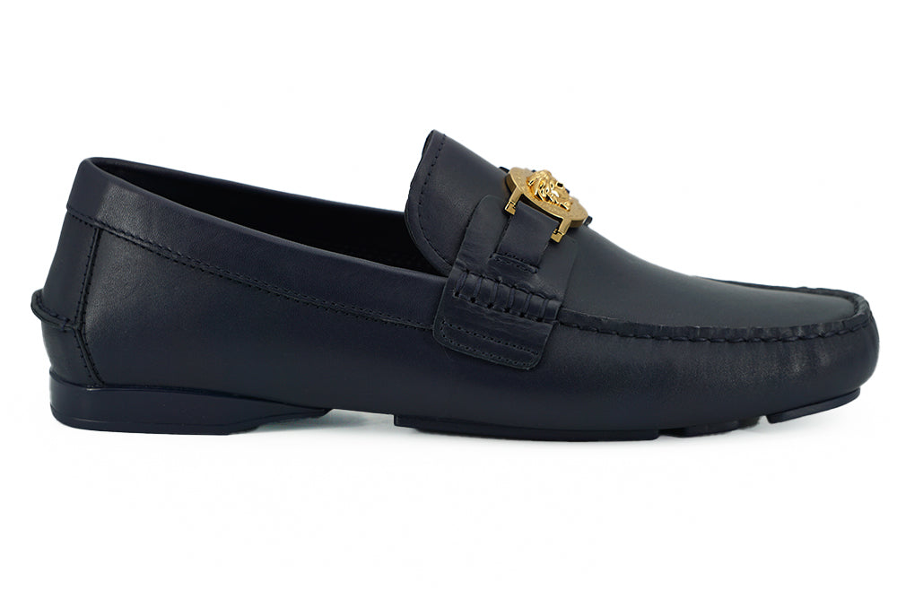 Versace Navy Blue Calf Leather Loafers Shoes | Regal Royce