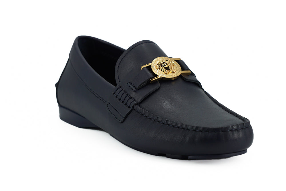 Versace Navy Blue Calf Leather Loafers Shoes | Regal Royce